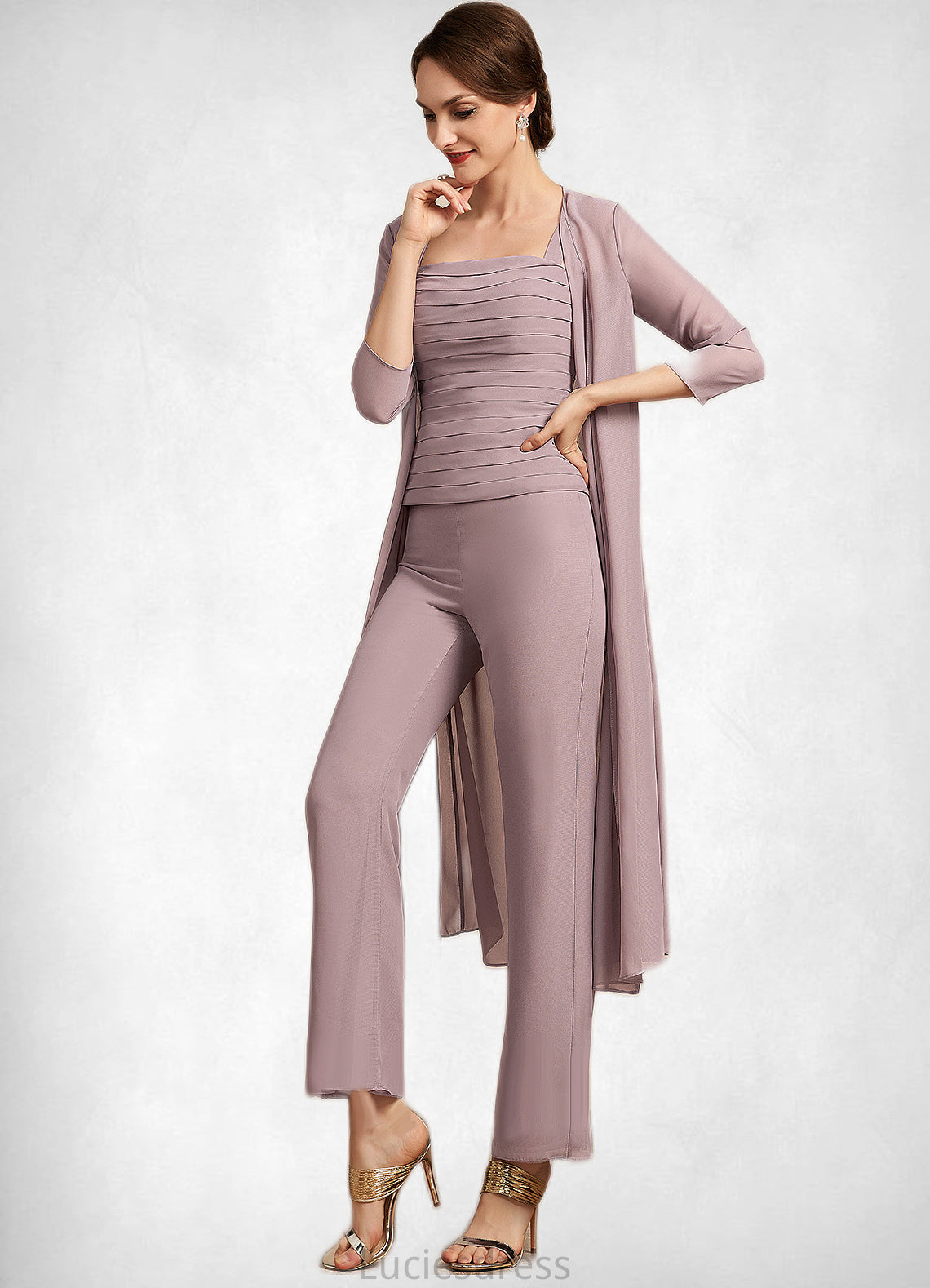 Caitlyn Jumpsuit/Pantsuit Square Neckline Ankle-Length Chiffon Mother of the Bride Dress With Ruffle HF126P0014984