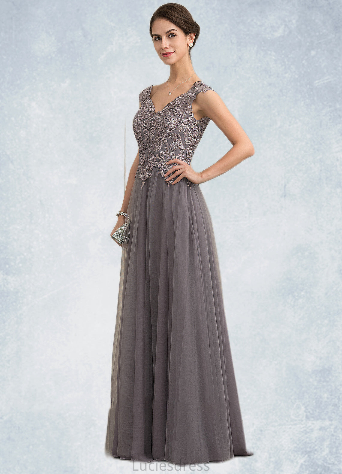 Naomi A-Line/Princess V-neck Floor-Length Tulle Lace Mother of the Bride Dress With Sequins HF126P0014985