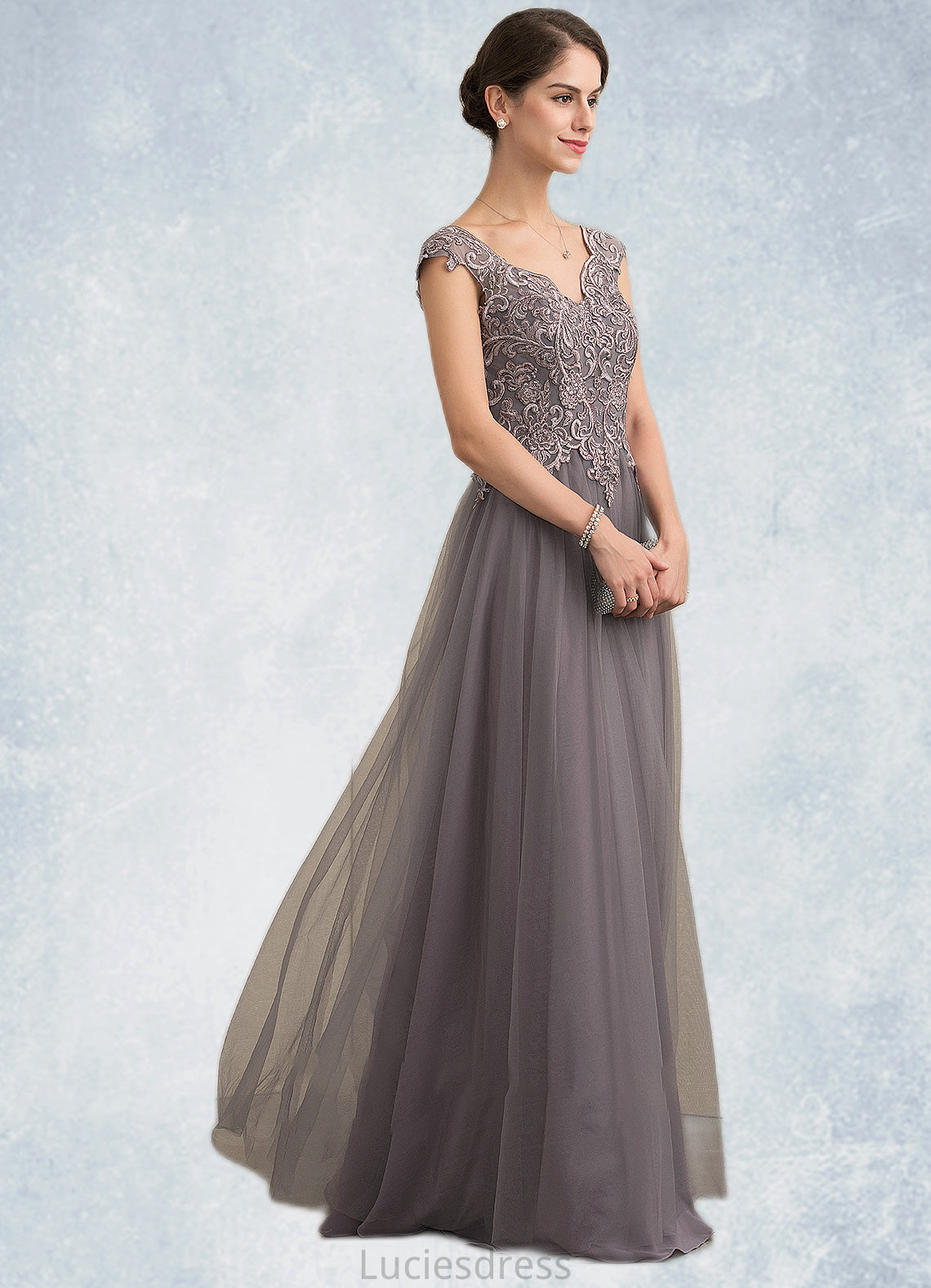 Naomi A-Line/Princess V-neck Floor-Length Tulle Lace Mother of the Bride Dress With Sequins HF126P0014985