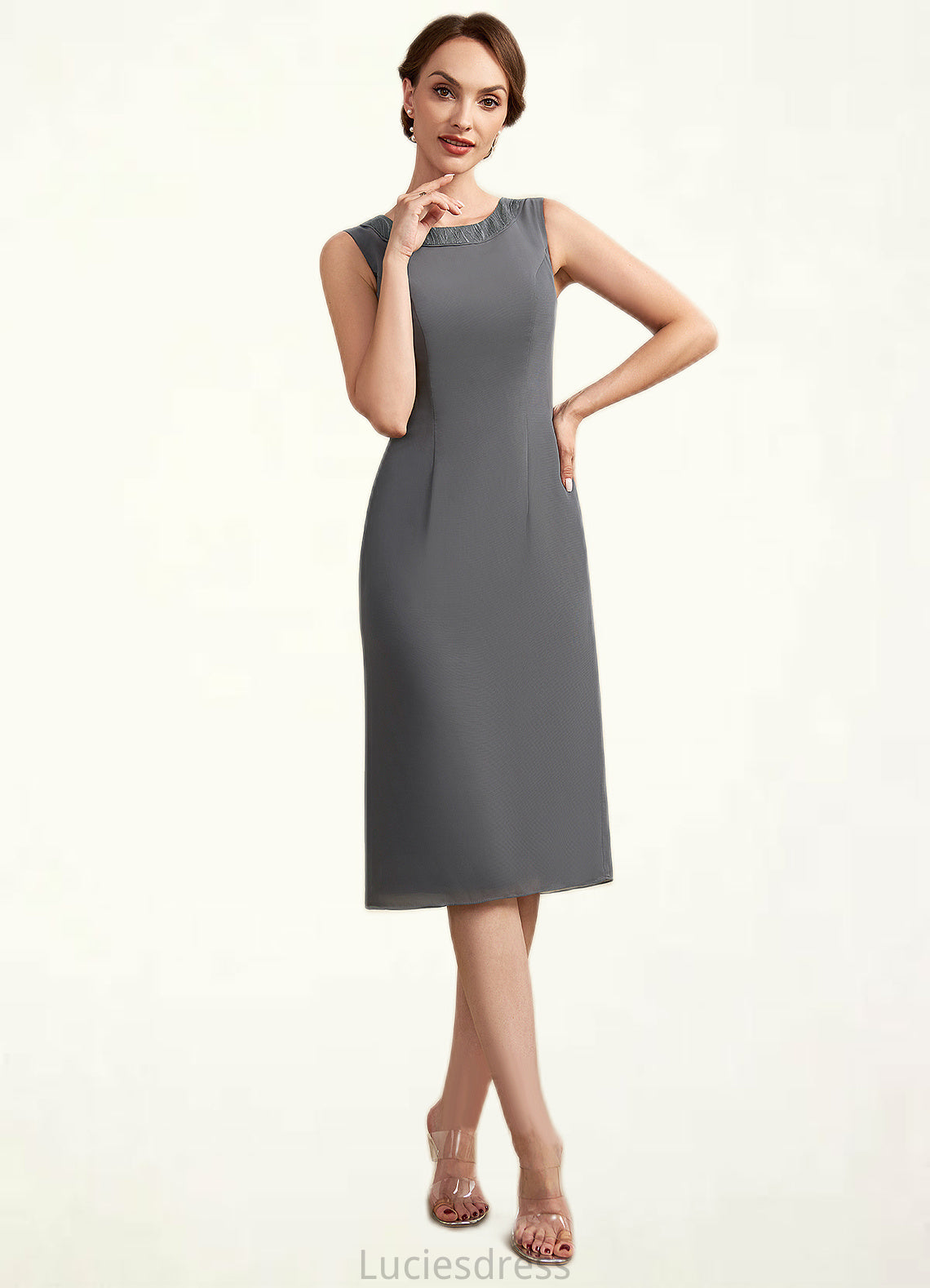 Roberta Sheath/Column Scoop Neck Knee-Length Chiffon Mother of the Bride Dress With Lace HF126P0014986