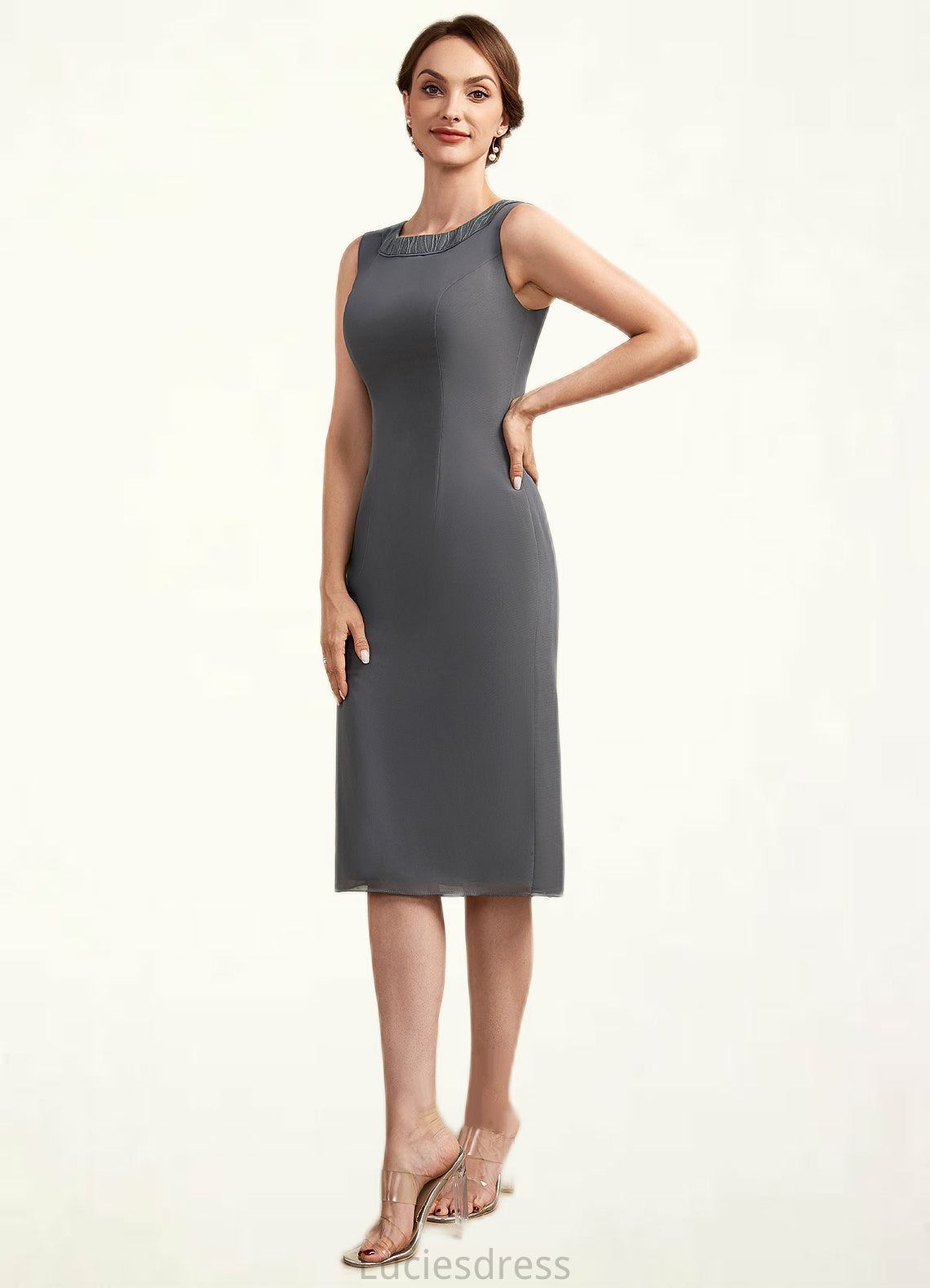 Roberta Sheath/Column Scoop Neck Knee-Length Chiffon Mother of the Bride Dress With Lace HF126P0014986