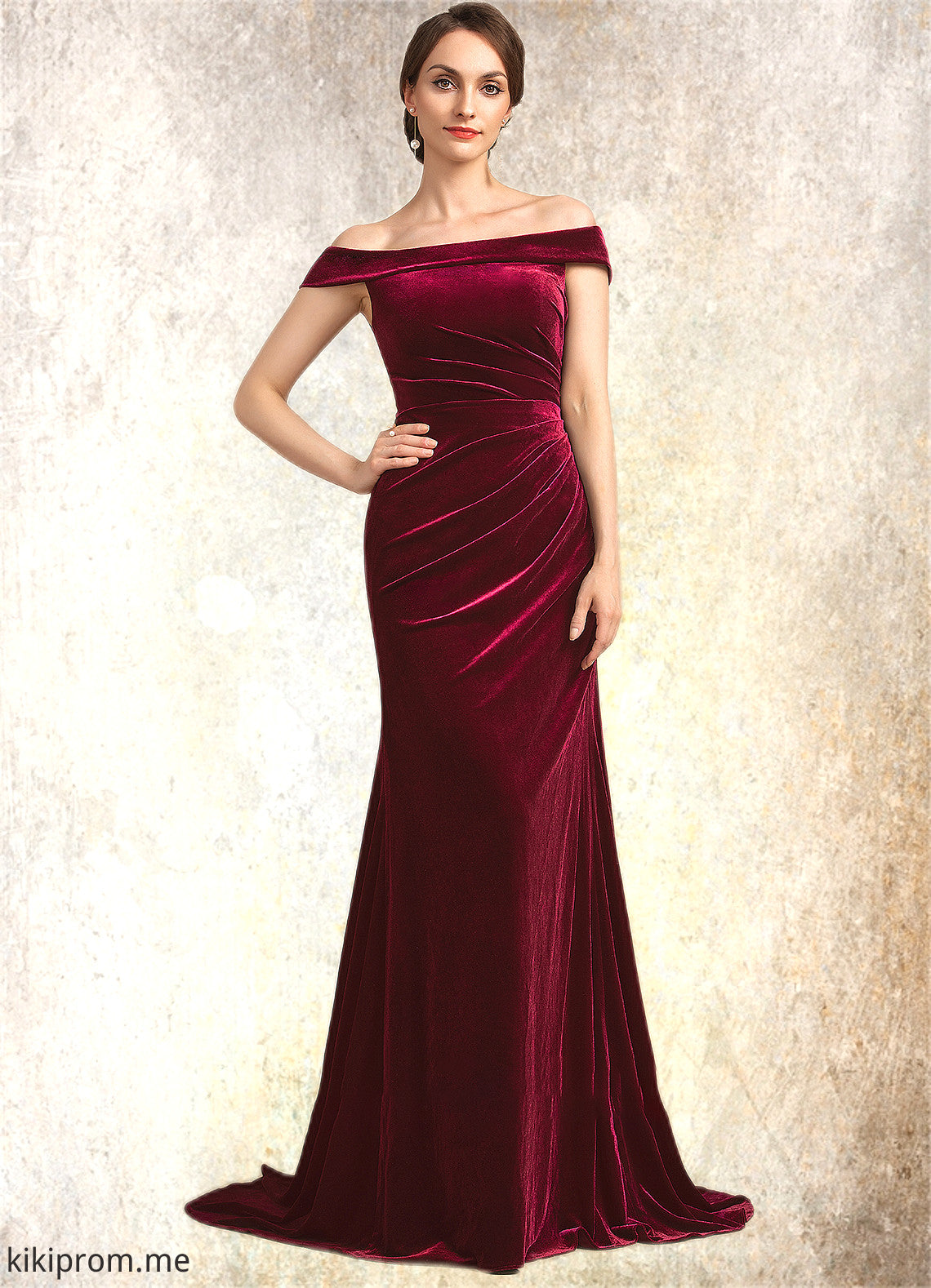 Julissa Trumpet/Mermaid Off-the-Shoulder Sweep Train Velvet Mother of the Bride Dress With Ruffle STF126P0014988