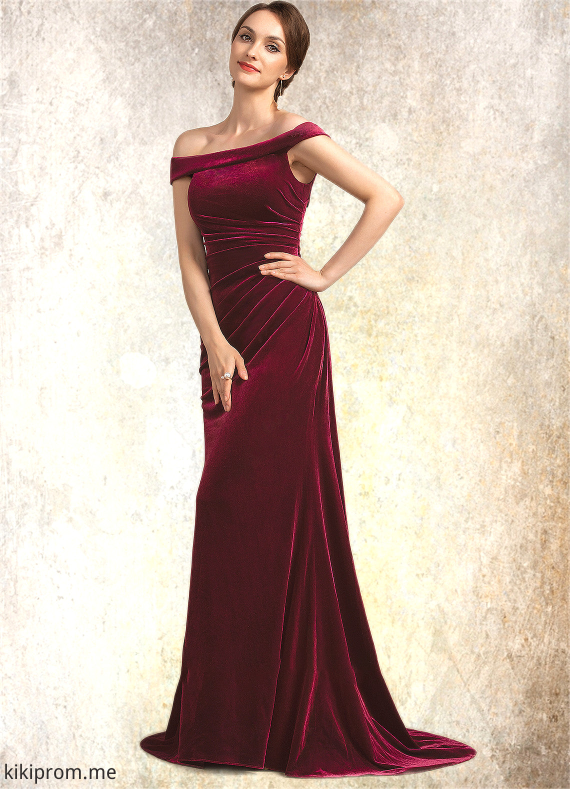 Julissa Trumpet/Mermaid Off-the-Shoulder Sweep Train Velvet Mother of the Bride Dress With Ruffle STF126P0014988