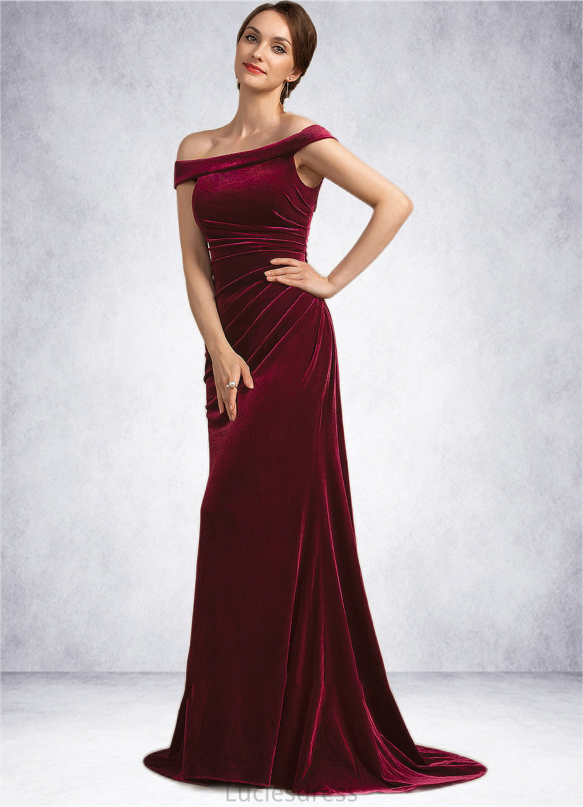 Laurel Trumpet/Mermaid Off-the-Shoulder Sweep Train Velvet Mother of the Bride Dress With Ruffle HF126P0014988