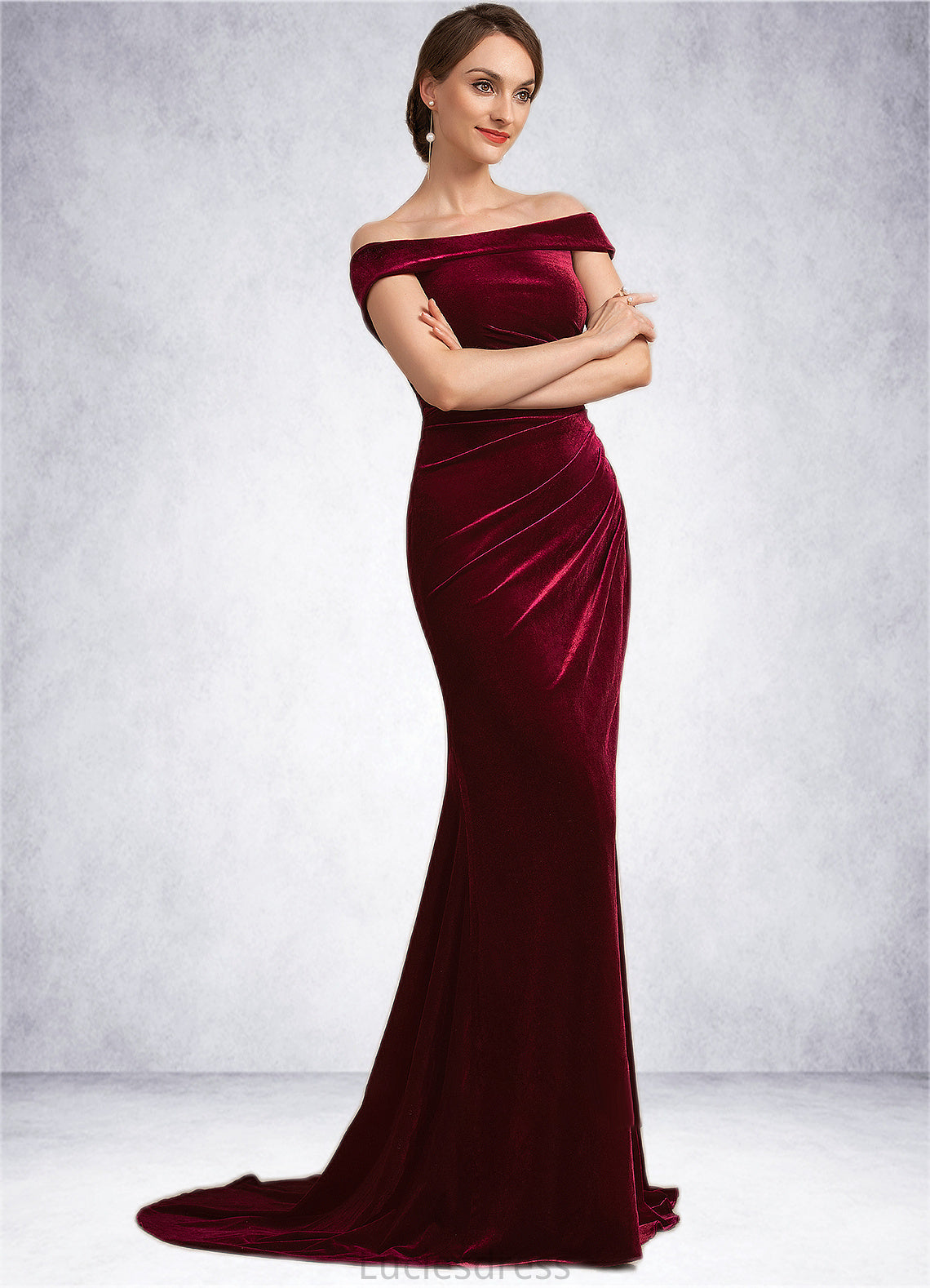 Laurel Trumpet/Mermaid Off-the-Shoulder Sweep Train Velvet Mother of the Bride Dress With Ruffle HF126P0014988