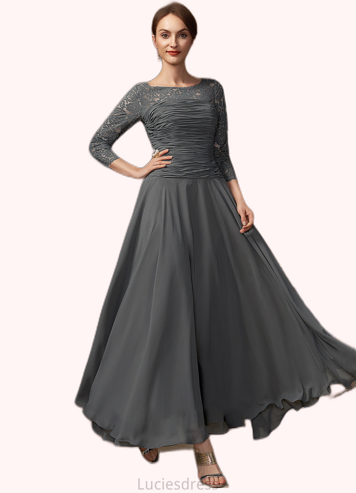 Iyana A-Line Scoop Neck Ankle-Length Chiffon Lace Mother of the Bride Dress With Ruffle HF126P0014990