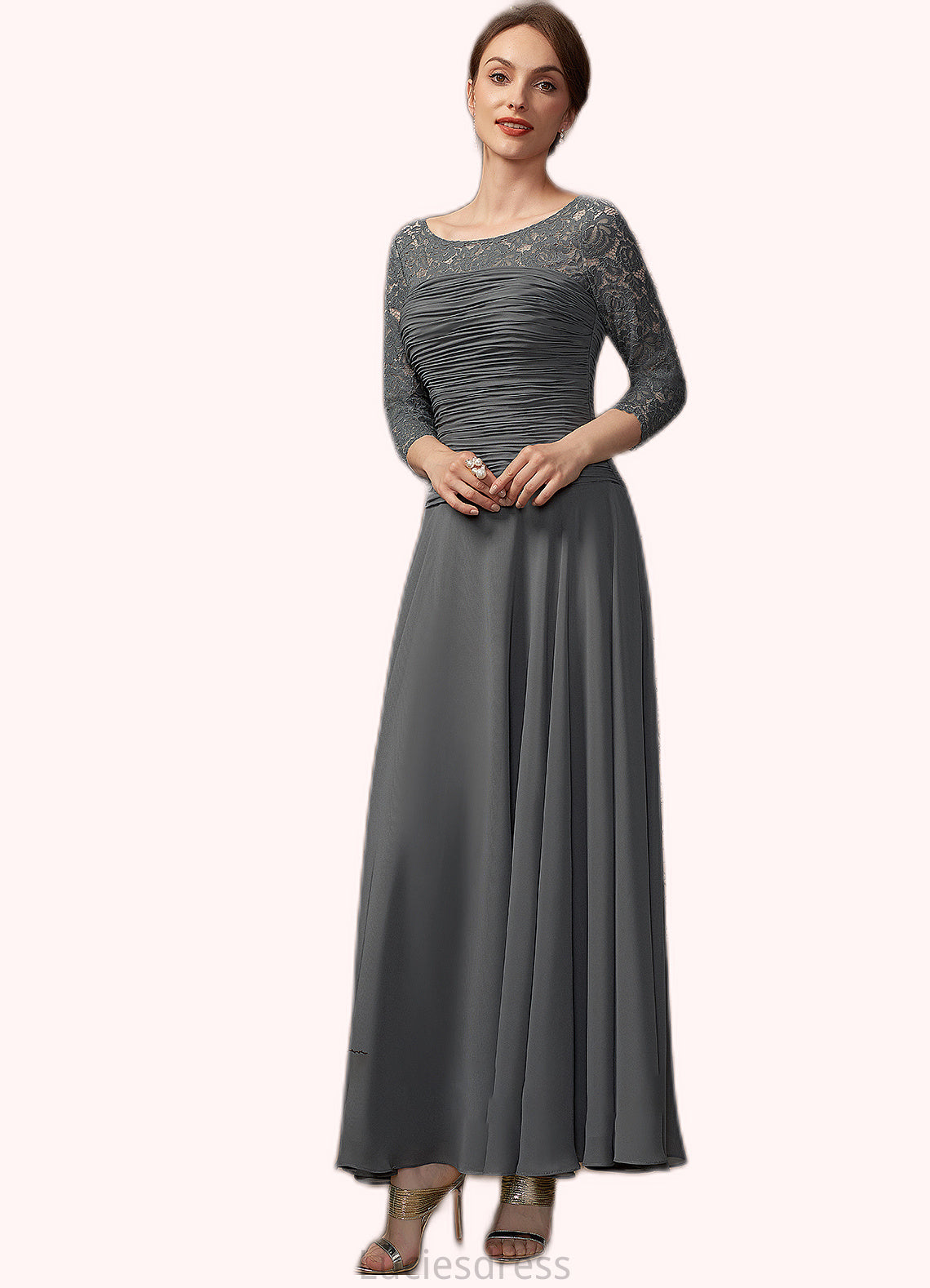 Iyana A-Line Scoop Neck Ankle-Length Chiffon Lace Mother of the Bride Dress With Ruffle HF126P0014990