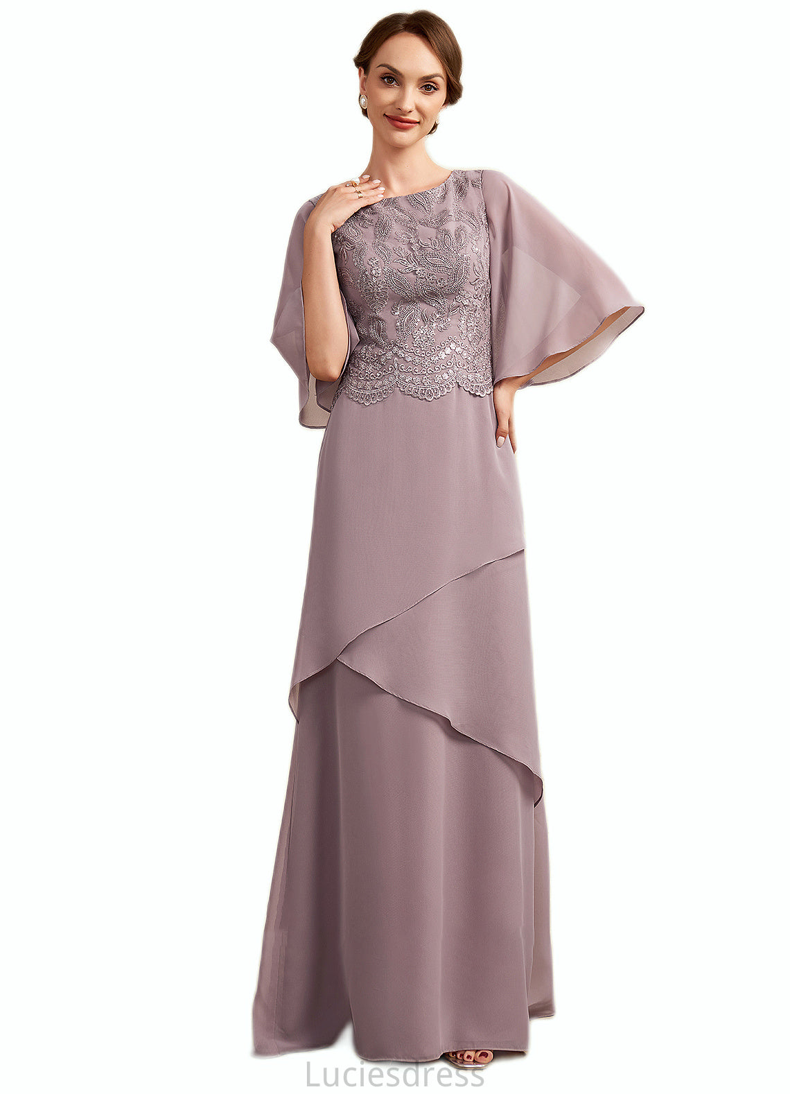 Aurora A-Line Scoop Neck Floor-Length Chiffon Lace Mother of the Bride Dress With Sequins Cascading Ruffles HF126P0014991