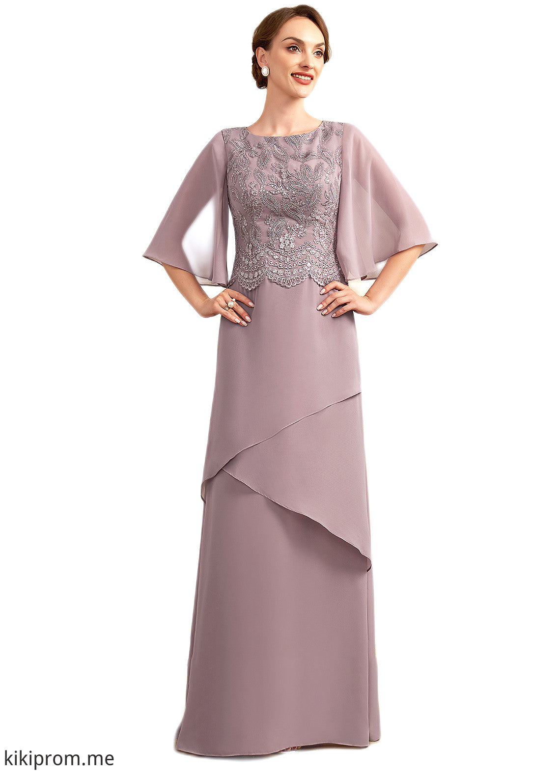 Violet A-Line Scoop Neck Floor-Length Chiffon Lace Mother of the Bride Dress With Sequins Cascading Ruffles STF126P0014991