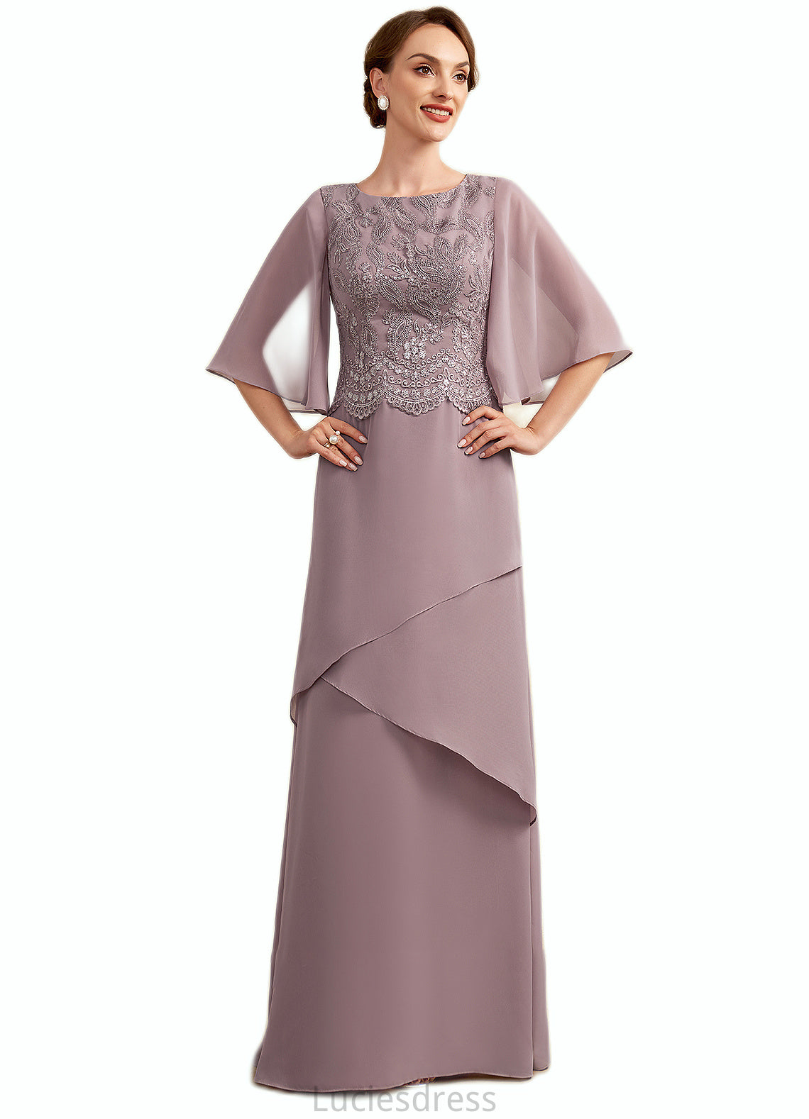 Aurora A-Line Scoop Neck Floor-Length Chiffon Lace Mother of the Bride Dress With Sequins Cascading Ruffles HF126P0014991