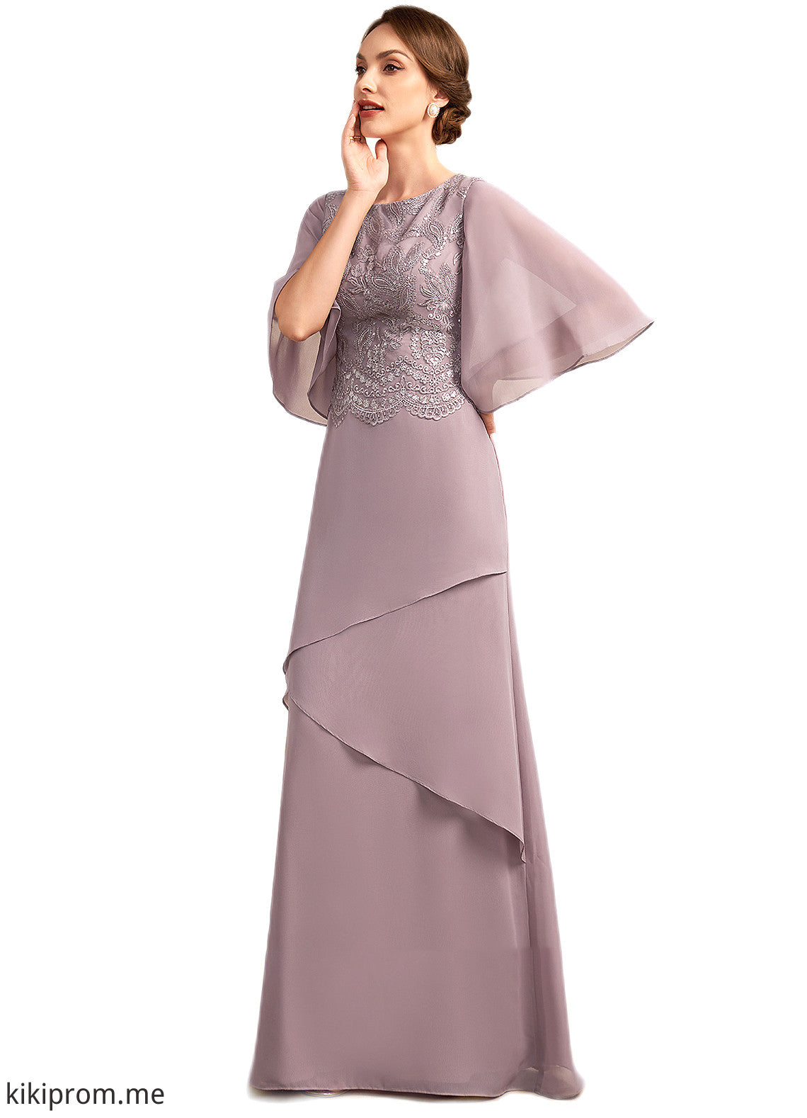 Violet A-Line Scoop Neck Floor-Length Chiffon Lace Mother of the Bride Dress With Sequins Cascading Ruffles STF126P0014991