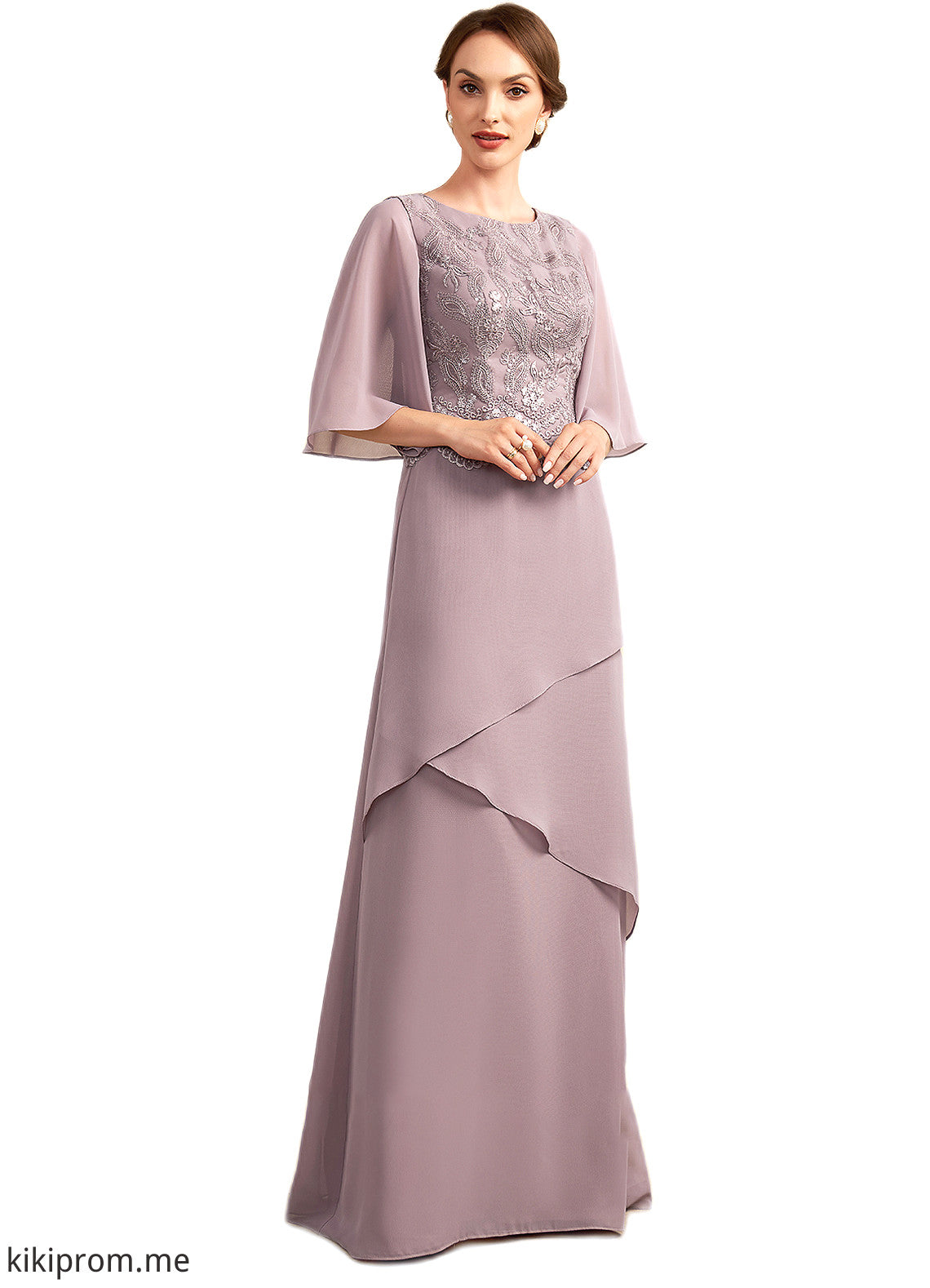 Violet A-Line Scoop Neck Floor-Length Chiffon Lace Mother of the Bride Dress With Sequins Cascading Ruffles STF126P0014991