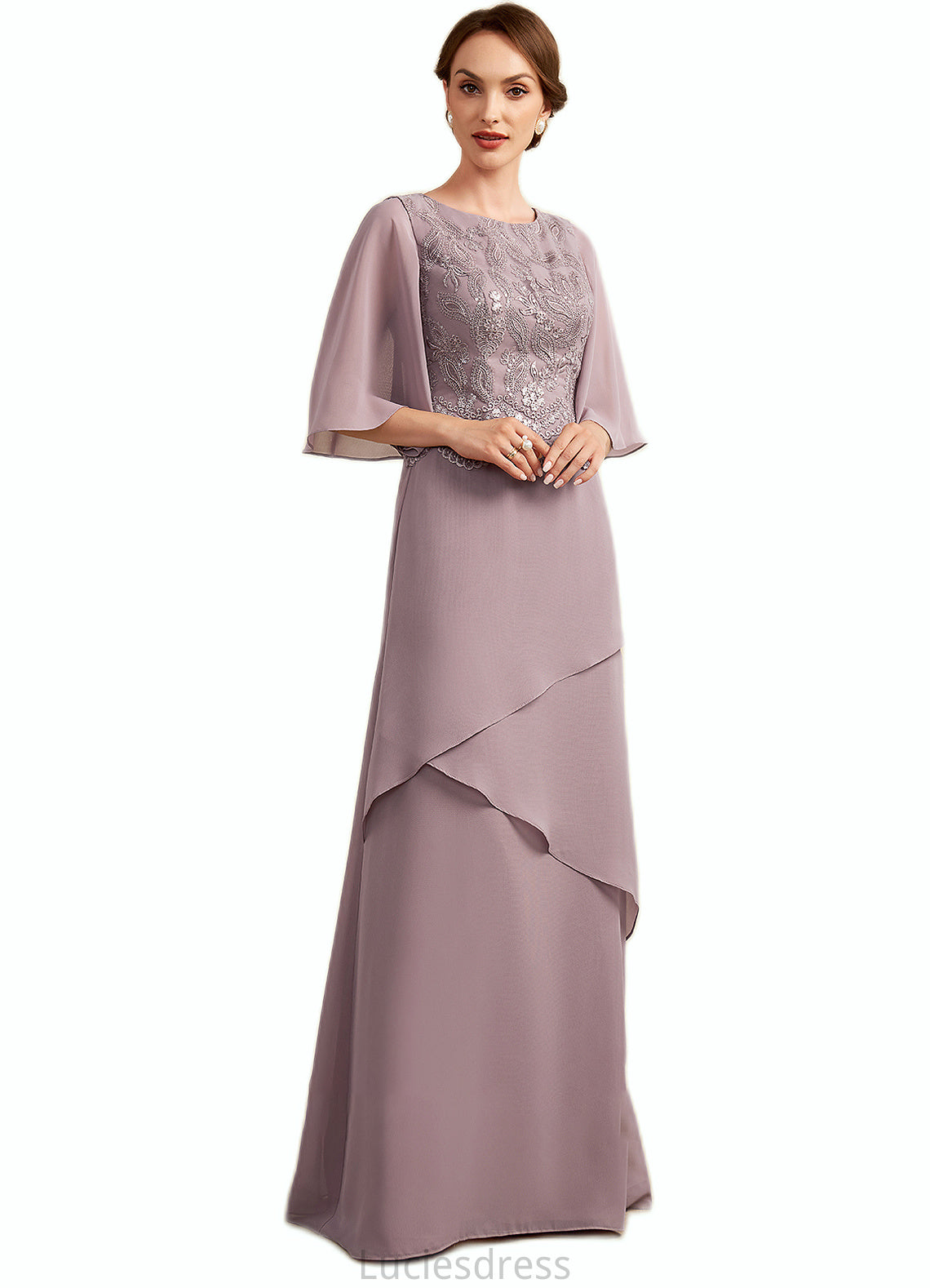 Aurora A-Line Scoop Neck Floor-Length Chiffon Lace Mother of the Bride Dress With Sequins Cascading Ruffles HF126P0014991