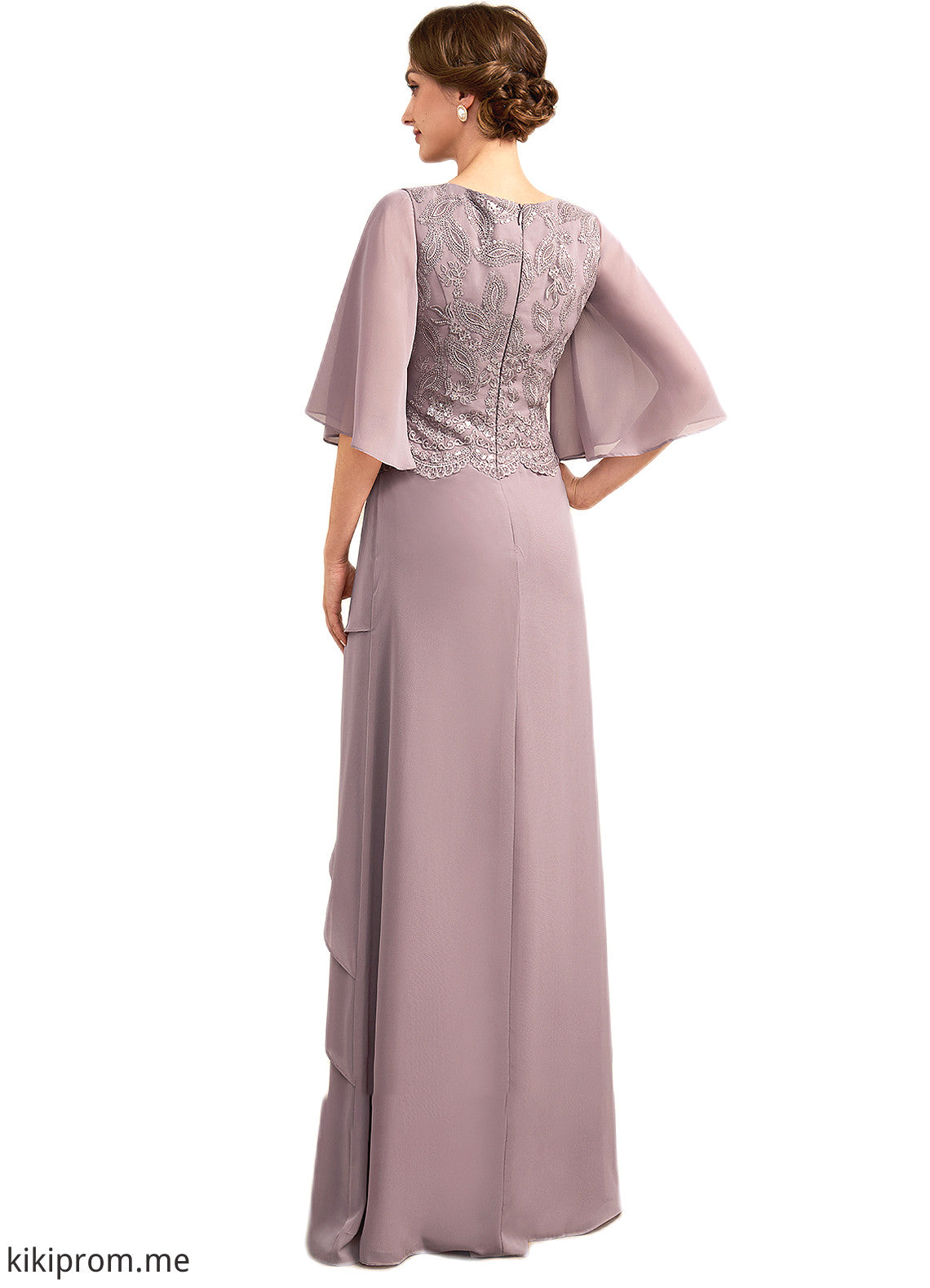 Violet A-Line Scoop Neck Floor-Length Chiffon Lace Mother of the Bride Dress With Sequins Cascading Ruffles STF126P0014991