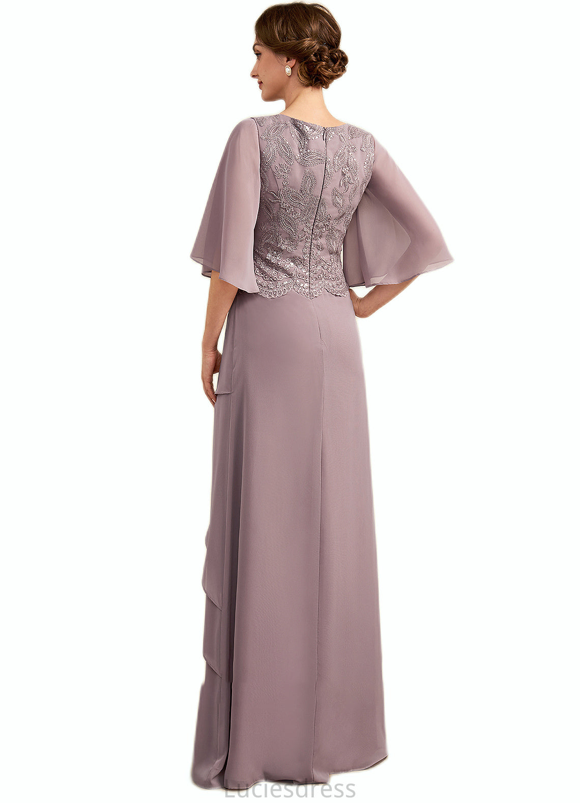 Aurora A-Line Scoop Neck Floor-Length Chiffon Lace Mother of the Bride Dress With Sequins Cascading Ruffles HF126P0014991