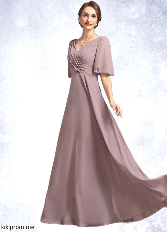 Matilda A-Line V-neck Floor-Length Chiffon Mother of the Bride Dress With Ruffle STF126P0014992