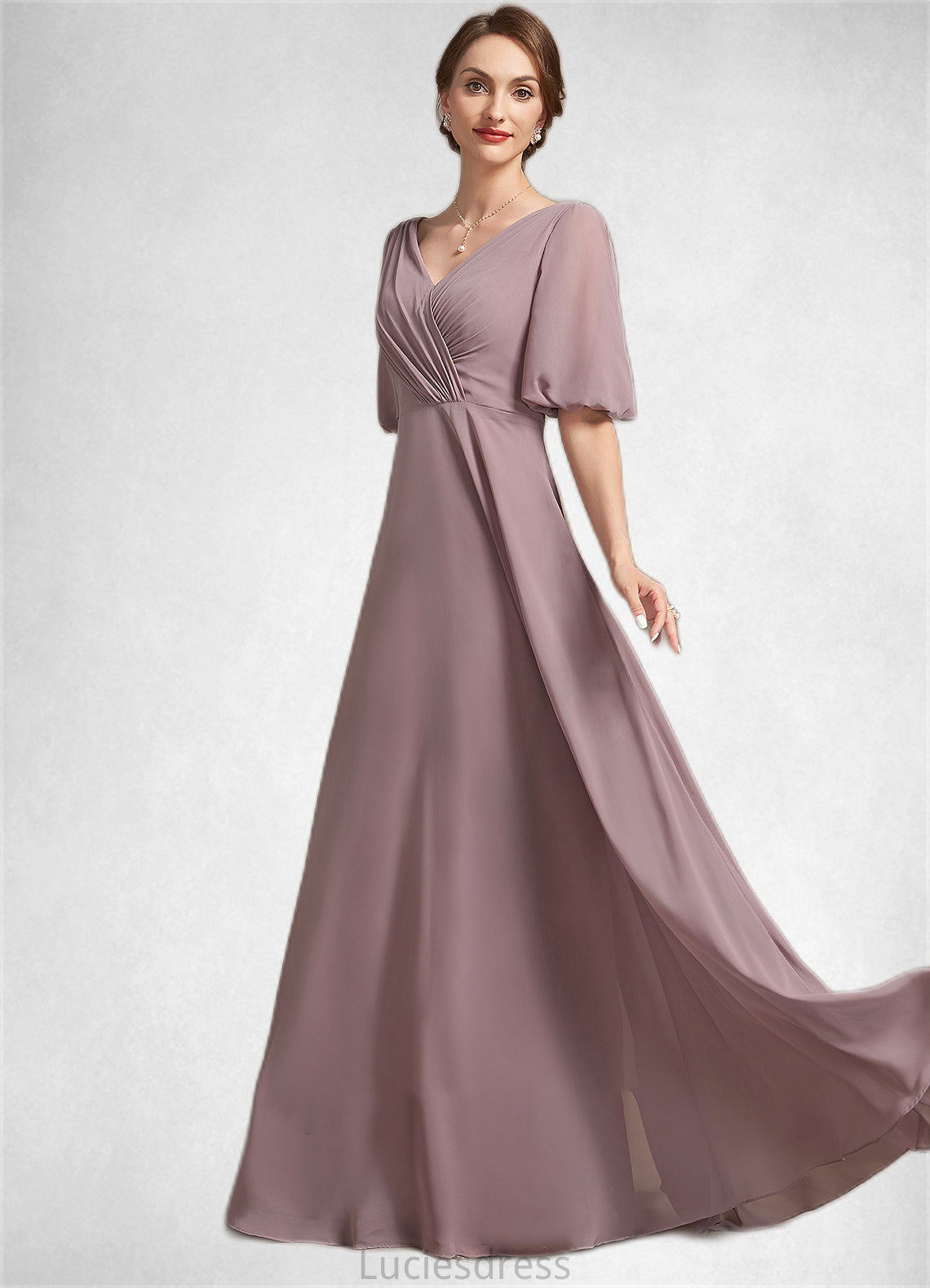 Cheyanne A-Line V-neck Floor-Length Chiffon Mother of the Bride Dress With Ruffle HF126P0014992