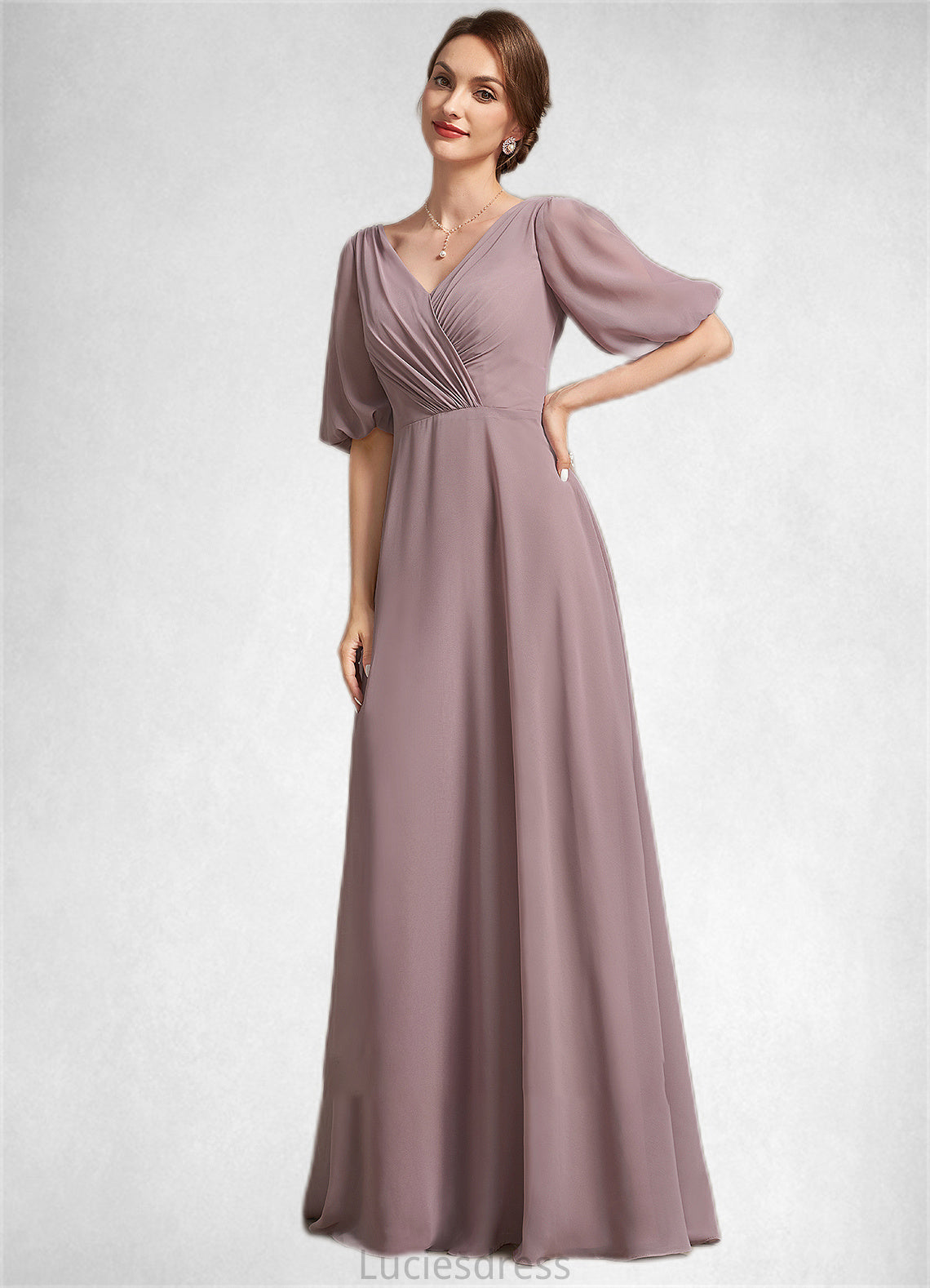 Cheyanne A-Line V-neck Floor-Length Chiffon Mother of the Bride Dress With Ruffle HF126P0014992