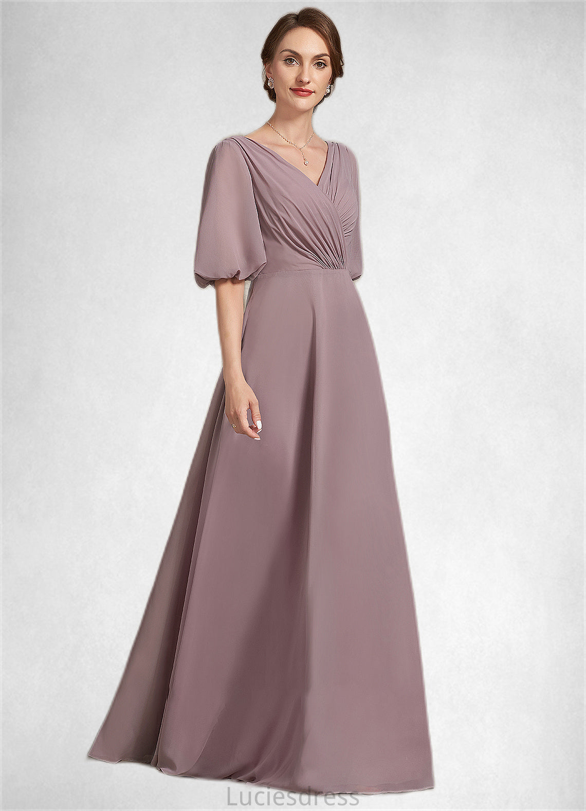 Cheyanne A-Line V-neck Floor-Length Chiffon Mother of the Bride Dress With Ruffle HF126P0014992