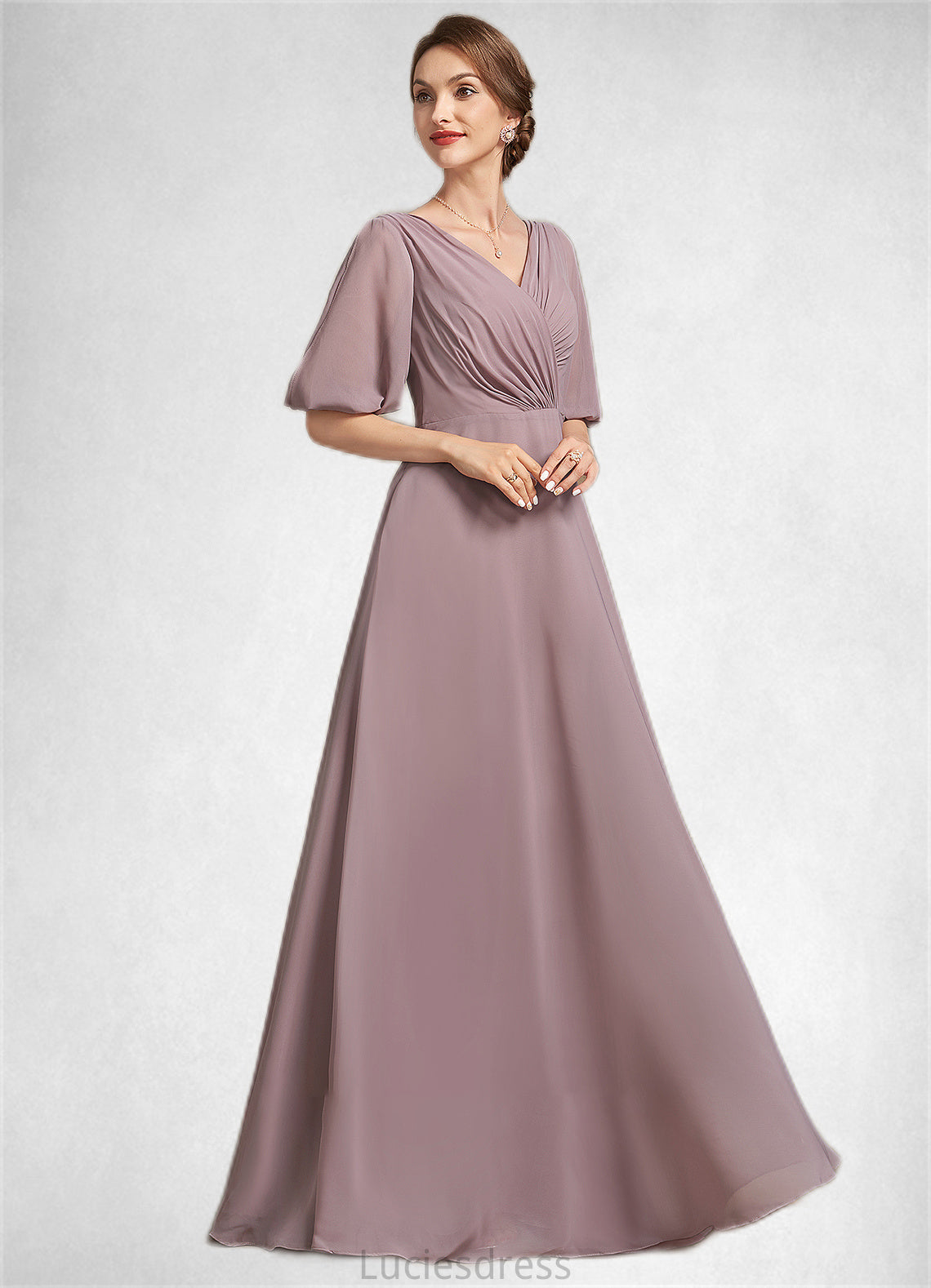 Cheyanne A-Line V-neck Floor-Length Chiffon Mother of the Bride Dress With Ruffle HF126P0014992