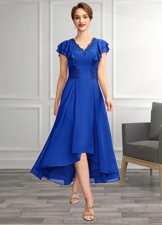 Grace A-Line V-neck Asymmetrical Chiffon Mother of the Bride Dress With Beading Appliques Lace Sequins Cascading Ruffles HF126P0014994