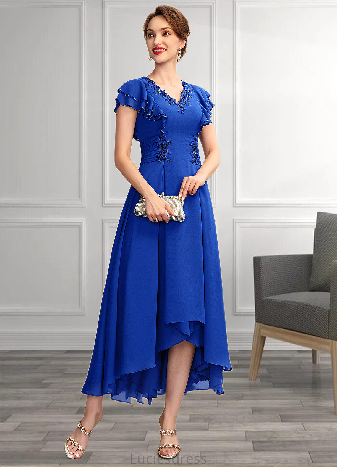 Grace A-Line V-neck Asymmetrical Chiffon Mother of the Bride Dress With Beading Appliques Lace Sequins Cascading Ruffles HF126P0014994