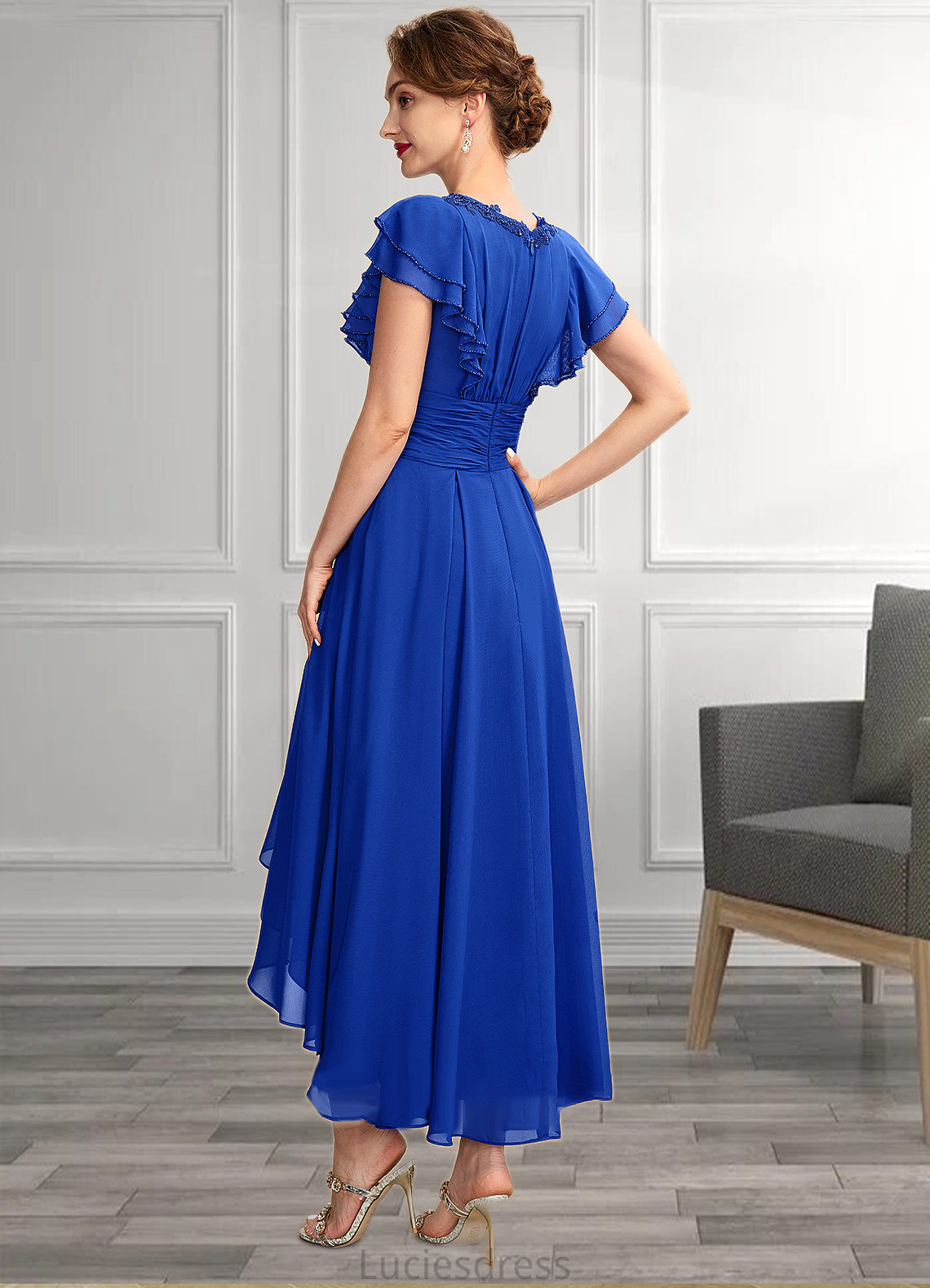 Grace A-Line V-neck Asymmetrical Chiffon Mother of the Bride Dress With Beading Appliques Lace Sequins Cascading Ruffles HF126P0014994