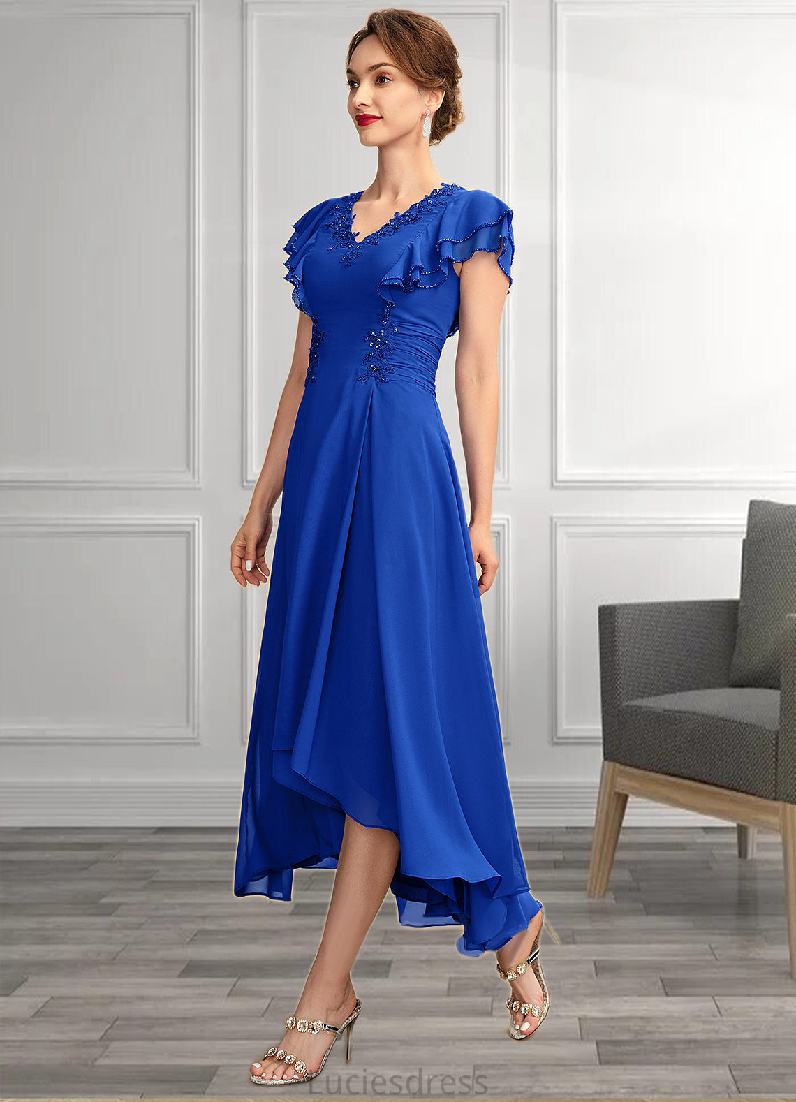 Grace A-Line V-neck Asymmetrical Chiffon Mother of the Bride Dress With Beading Appliques Lace Sequins Cascading Ruffles HF126P0014994