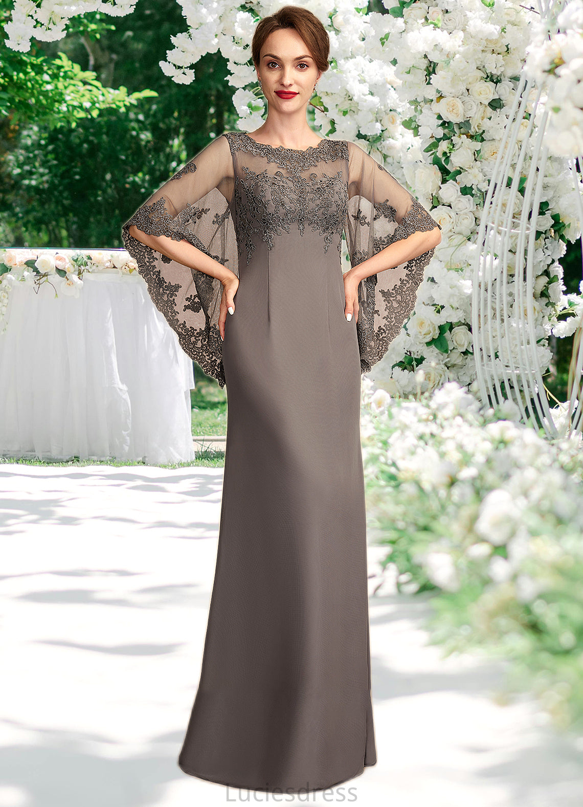 Jaylee Sheath/Column Scoop Neck Floor-Length Chiffon Lace Mother of the Bride Dress HF126P0014996