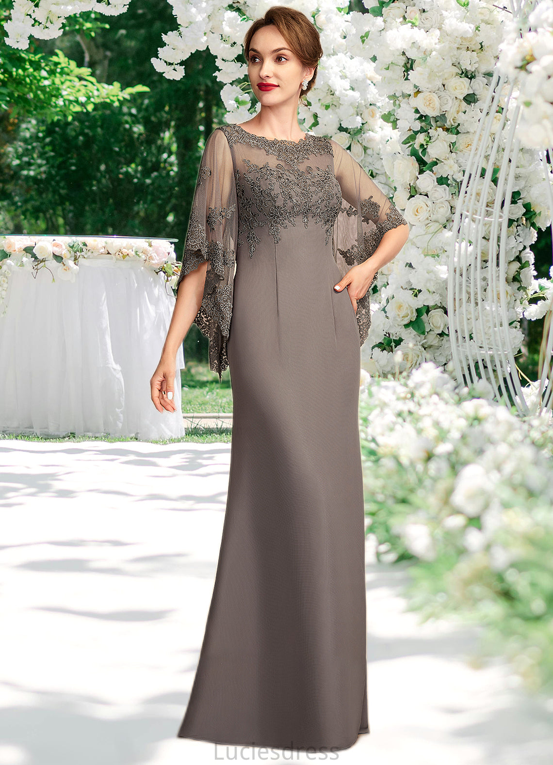 Jaylee Sheath/Column Scoop Neck Floor-Length Chiffon Lace Mother of the Bride Dress HF126P0014996