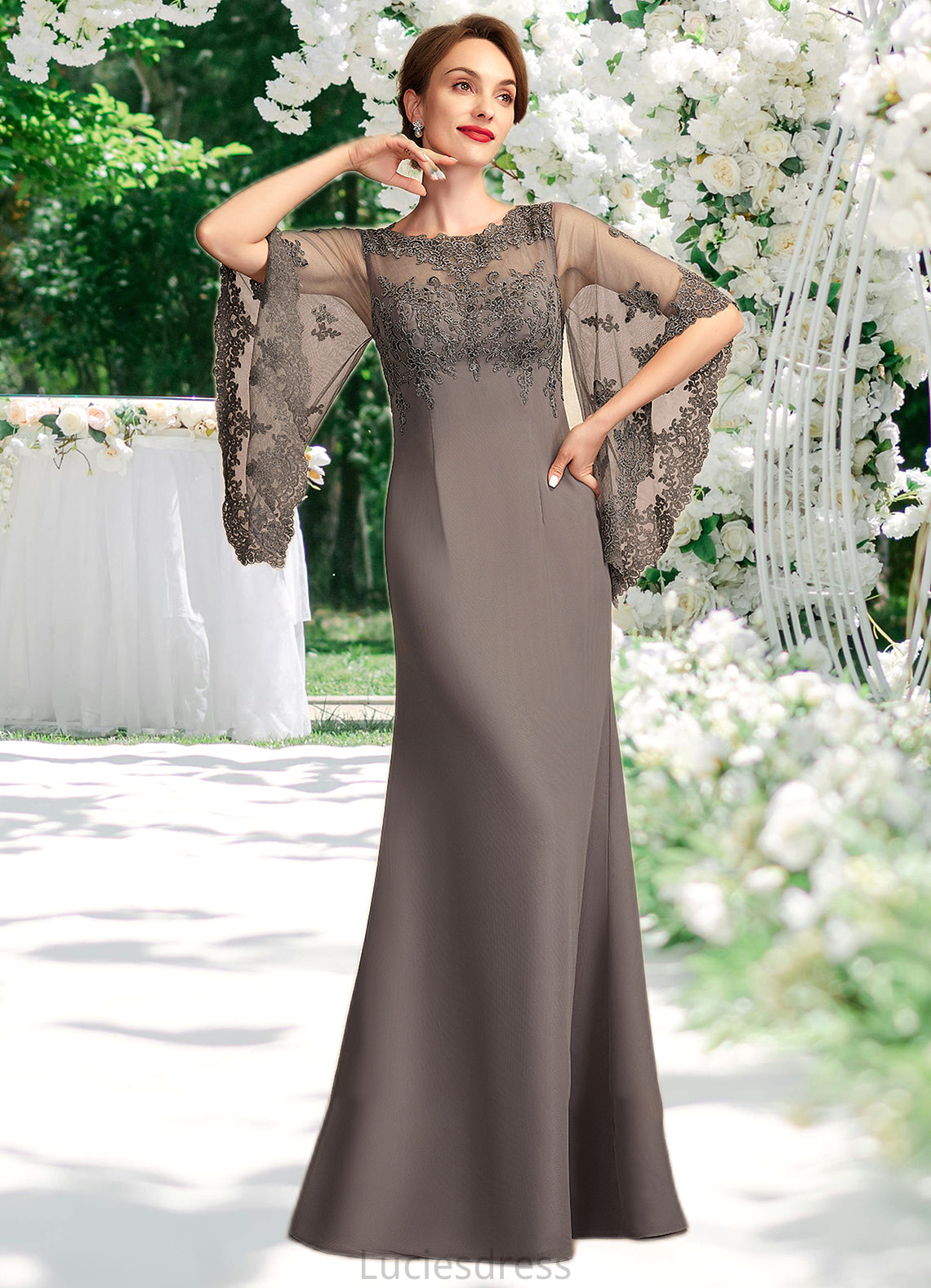 Jaylee Sheath/Column Scoop Neck Floor-Length Chiffon Lace Mother of the Bride Dress HF126P0014996