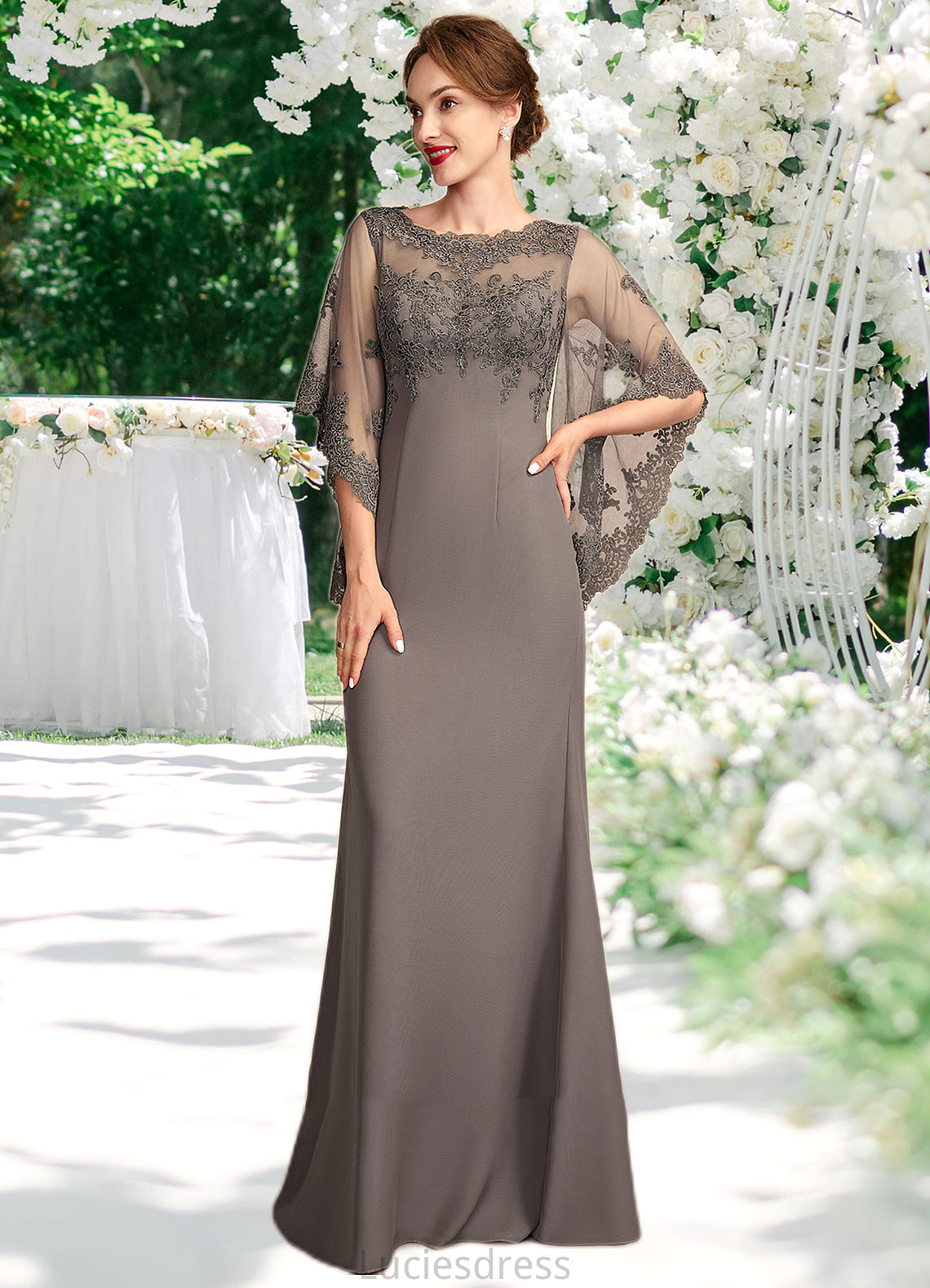 Jaylee Sheath/Column Scoop Neck Floor-Length Chiffon Lace Mother of the Bride Dress HF126P0014996