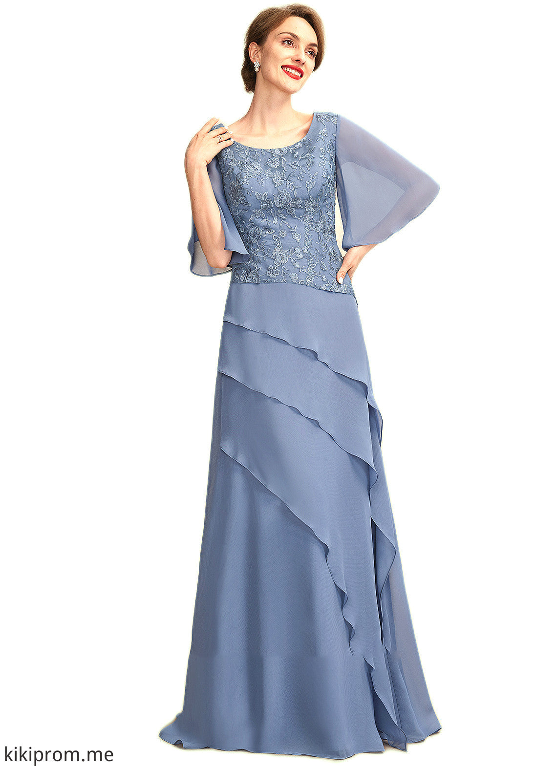 Serenity A-Line Scoop Neck Floor-Length Chiffon Lace Mother of the Bride Dress With Sequins Cascading Ruffles STF126P0014997