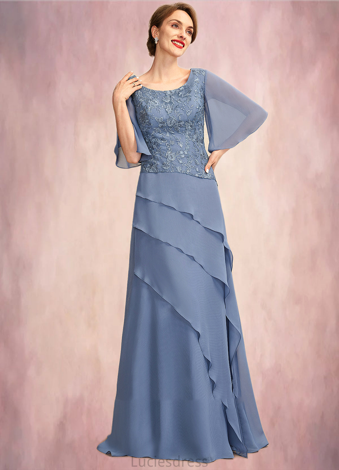 Caylee A-Line Scoop Neck Floor-Length Chiffon Lace Mother of the Bride Dress With Sequins Cascading Ruffles HF126P0014997