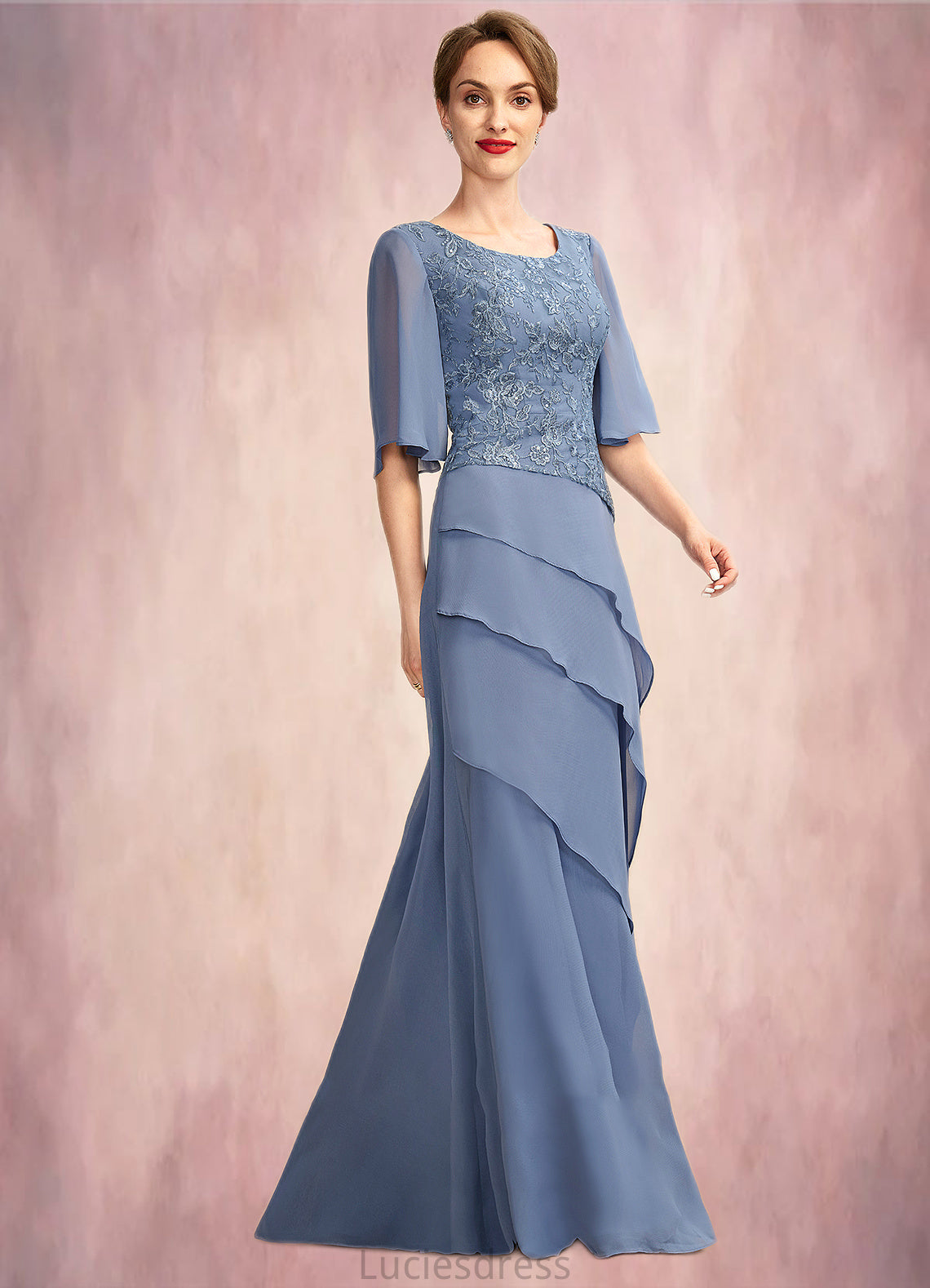 Caylee A-Line Scoop Neck Floor-Length Chiffon Lace Mother of the Bride Dress With Sequins Cascading Ruffles HF126P0014997