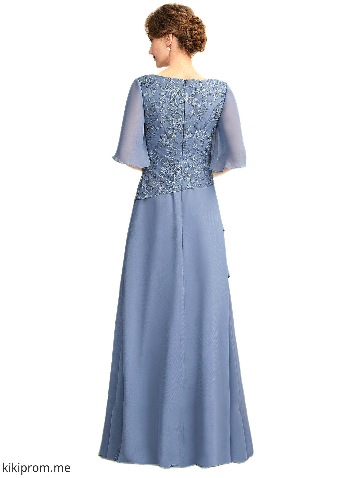 Serenity A-Line Scoop Neck Floor-Length Chiffon Lace Mother of the Bride Dress With Sequins Cascading Ruffles STF126P0014997