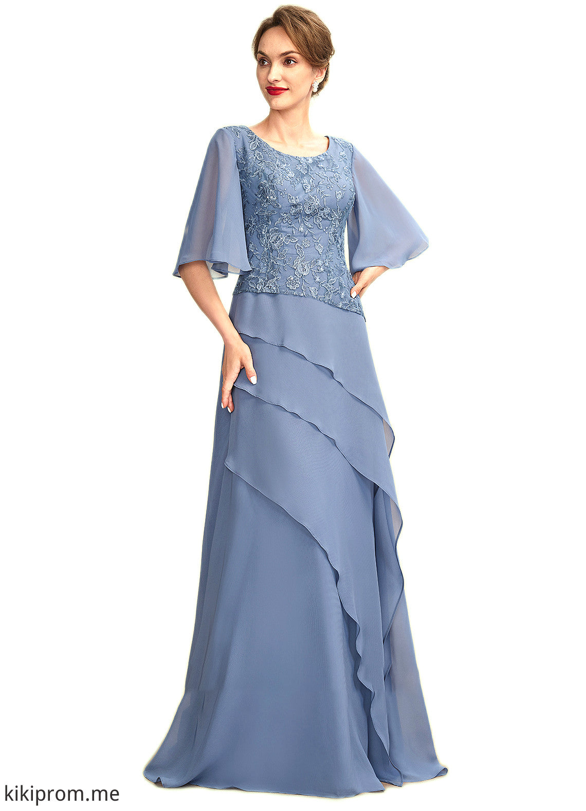 Serenity A-Line Scoop Neck Floor-Length Chiffon Lace Mother of the Bride Dress With Sequins Cascading Ruffles STF126P0014997