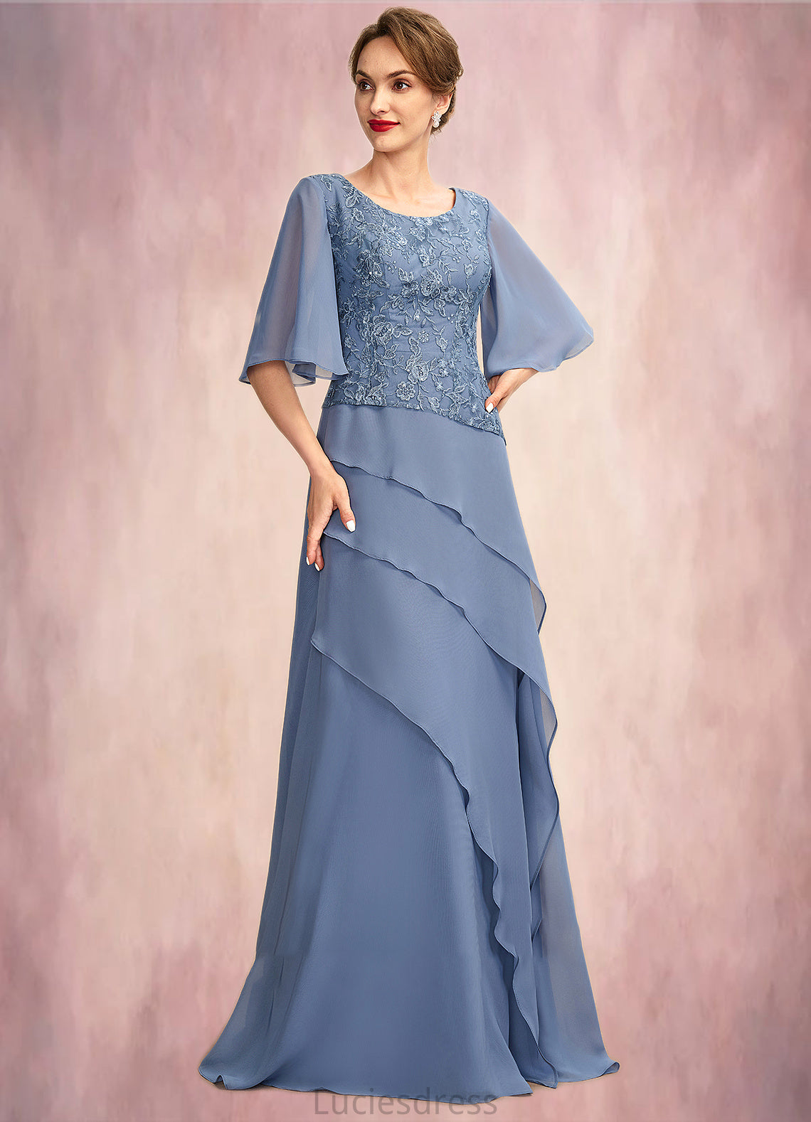 Caylee A-Line Scoop Neck Floor-Length Chiffon Lace Mother of the Bride Dress With Sequins Cascading Ruffles HF126P0014997