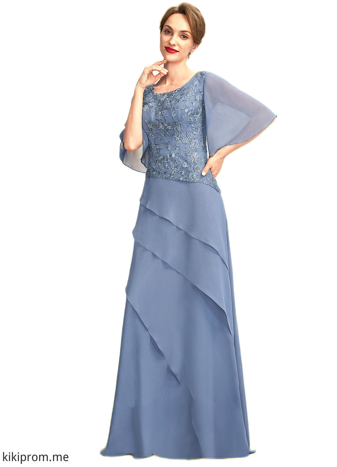 Serenity A-Line Scoop Neck Floor-Length Chiffon Lace Mother of the Bride Dress With Sequins Cascading Ruffles STF126P0014997