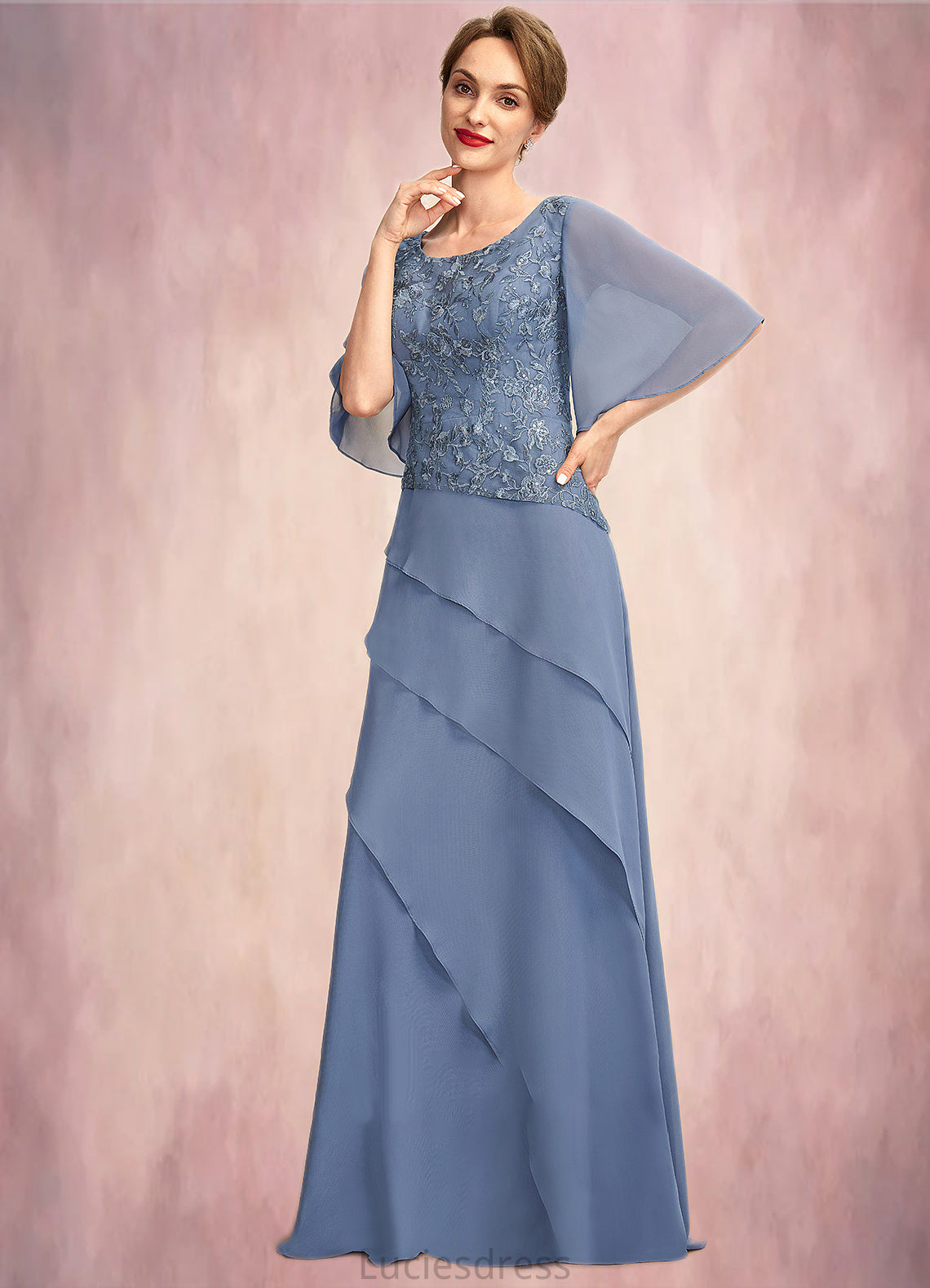 Caylee A-Line Scoop Neck Floor-Length Chiffon Lace Mother of the Bride Dress With Sequins Cascading Ruffles HF126P0014997