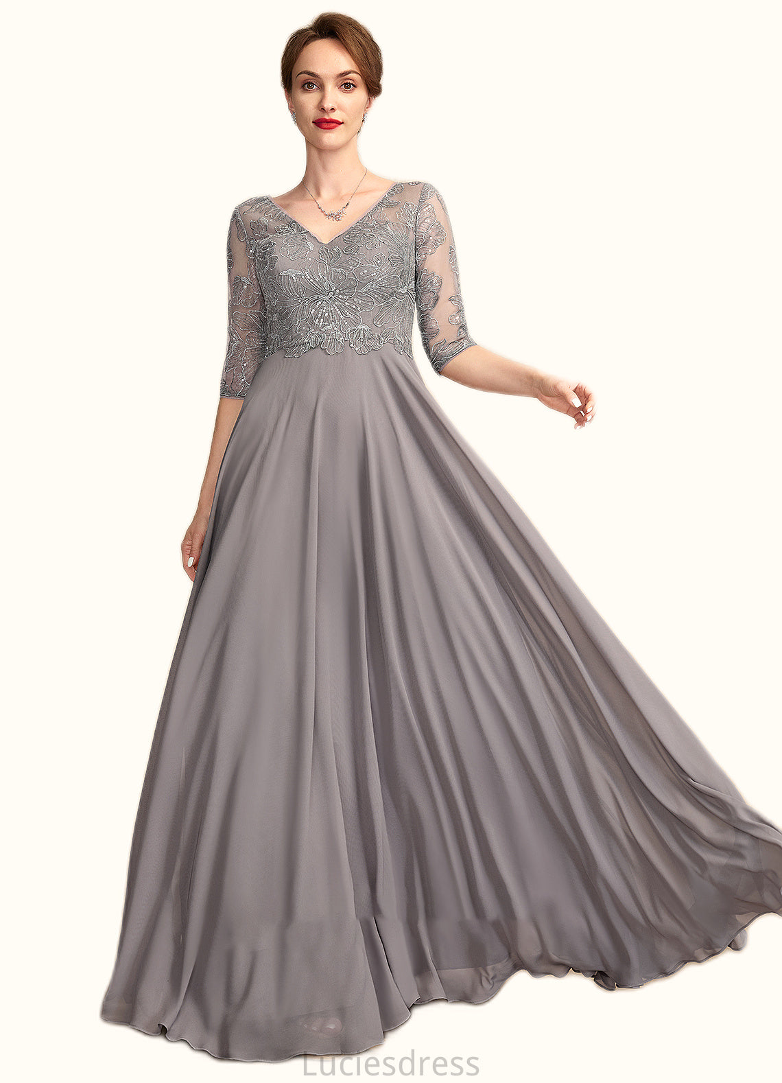 Aurora A-Line V-neck Floor-Length Chiffon Lace Mother of the Bride Dress With Sequins HF126P0014999