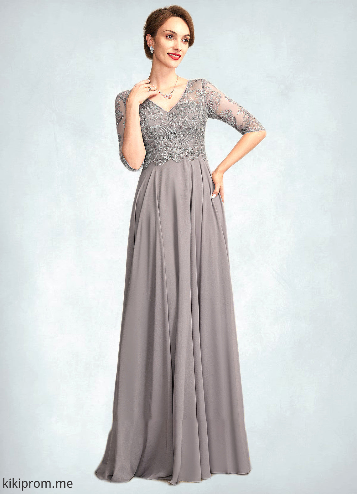 Katherine A-Line V-neck Floor-Length Chiffon Lace Mother of the Bride Dress With Sequins STF126P0014999