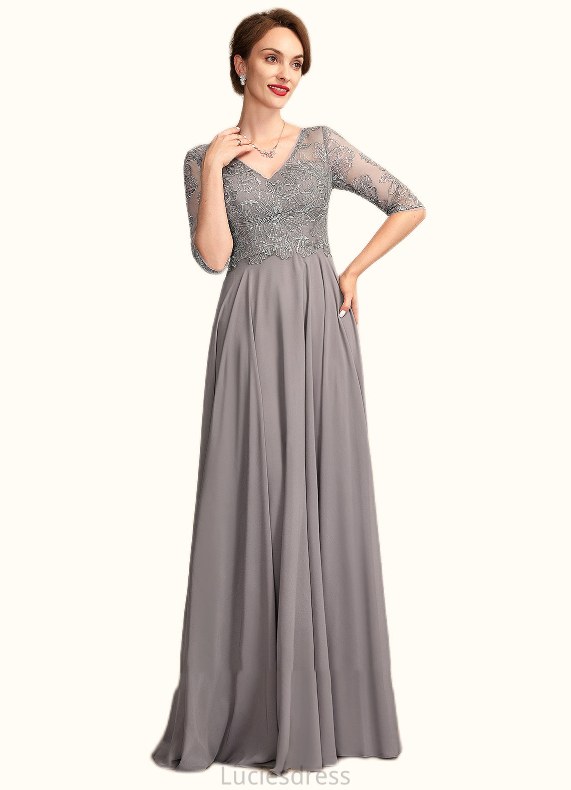 Aurora A-Line V-neck Floor-Length Chiffon Lace Mother of the Bride Dress With Sequins HF126P0014999