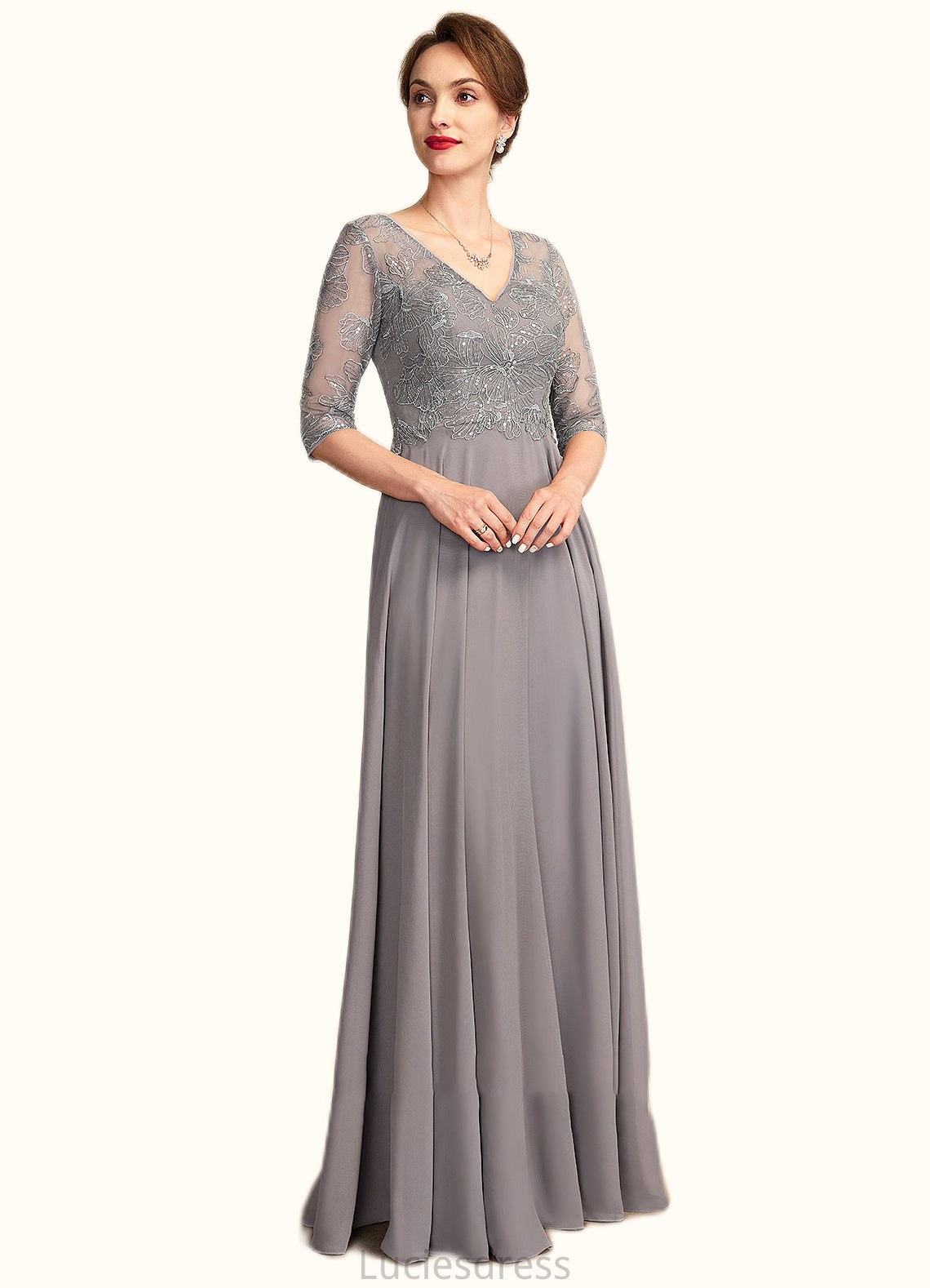 Aurora A-Line V-neck Floor-Length Chiffon Lace Mother of the Bride Dress With Sequins HF126P0014999