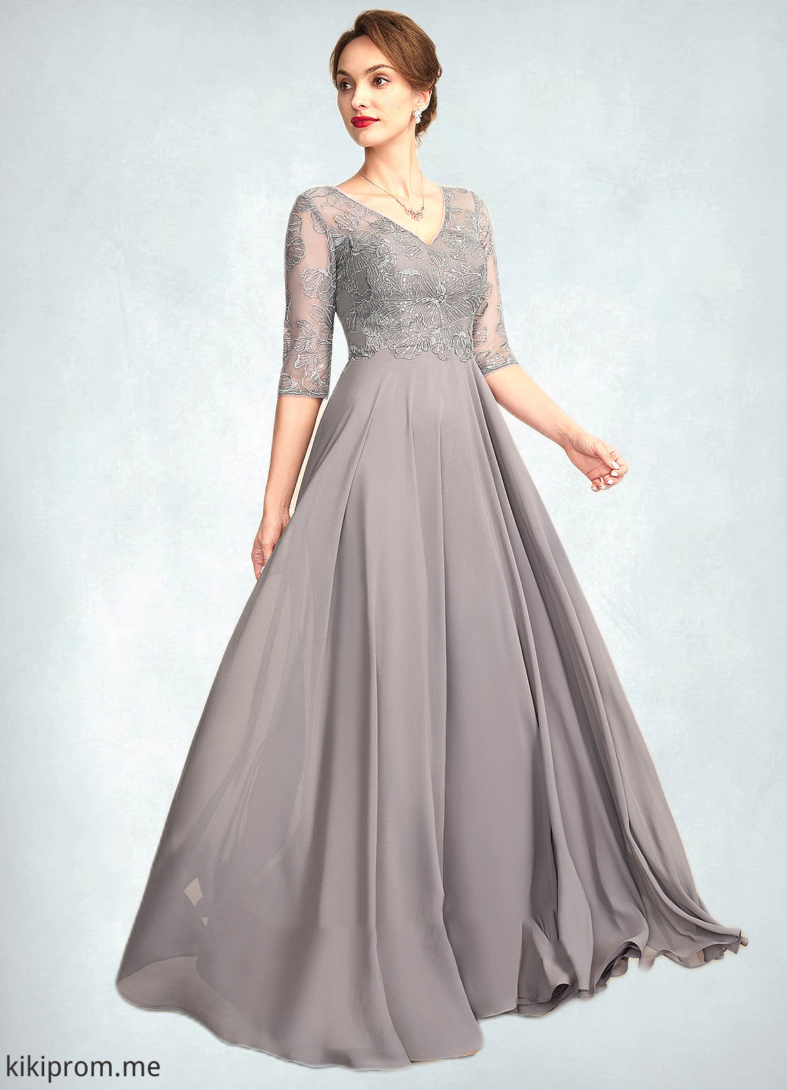 Katherine A-Line V-neck Floor-Length Chiffon Lace Mother of the Bride Dress With Sequins STF126P0014999