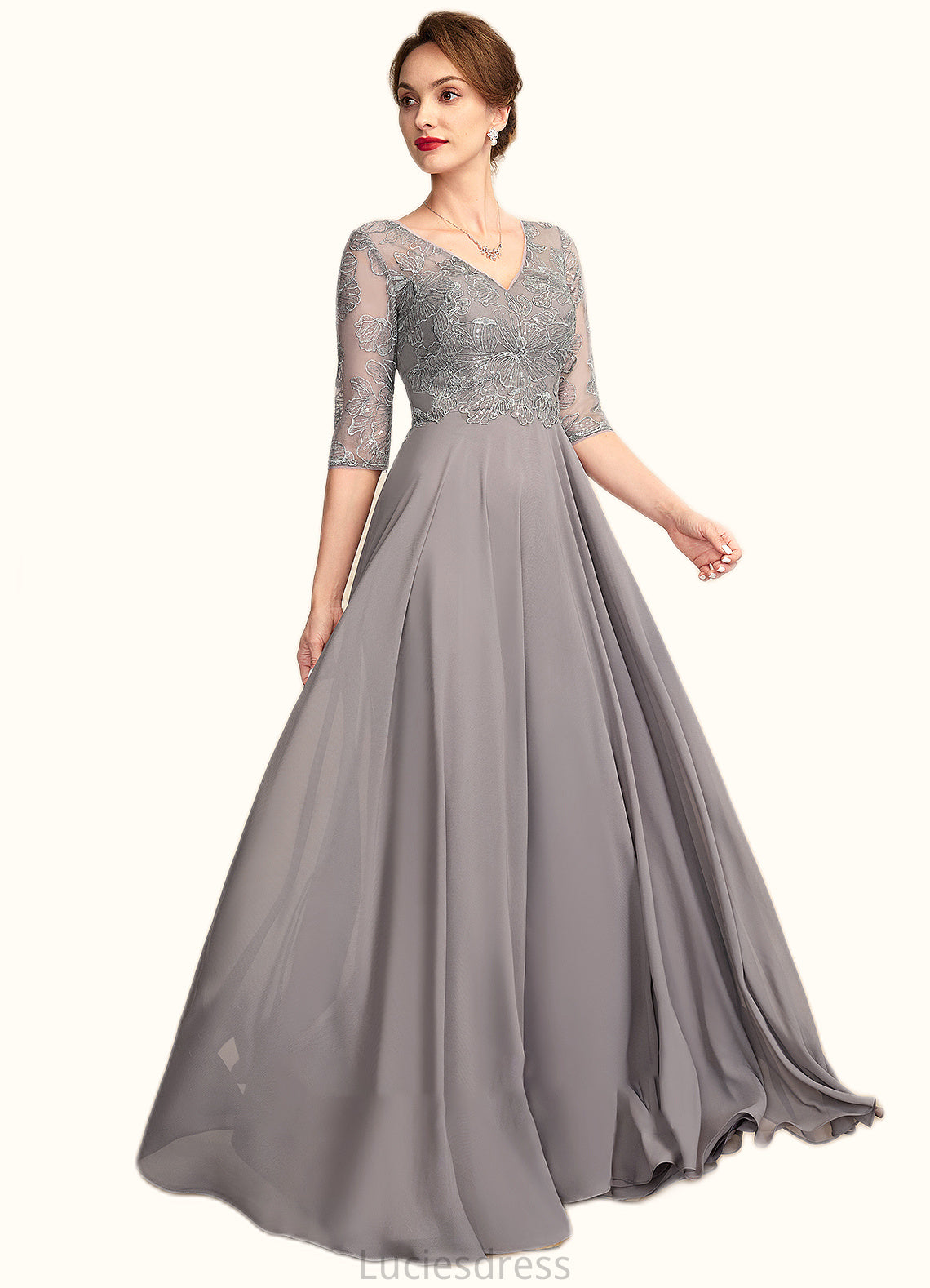 Aurora A-Line V-neck Floor-Length Chiffon Lace Mother of the Bride Dress With Sequins HF126P0014999