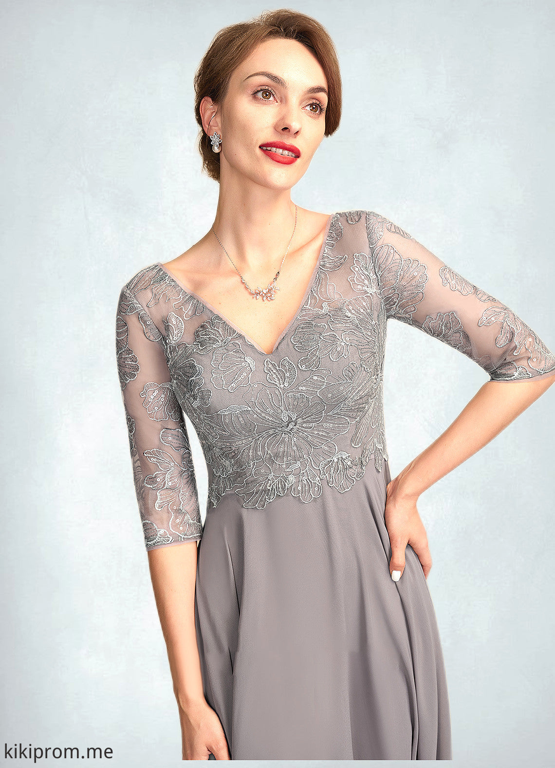 Katherine A-Line V-neck Floor-Length Chiffon Lace Mother of the Bride Dress With Sequins STF126P0014999