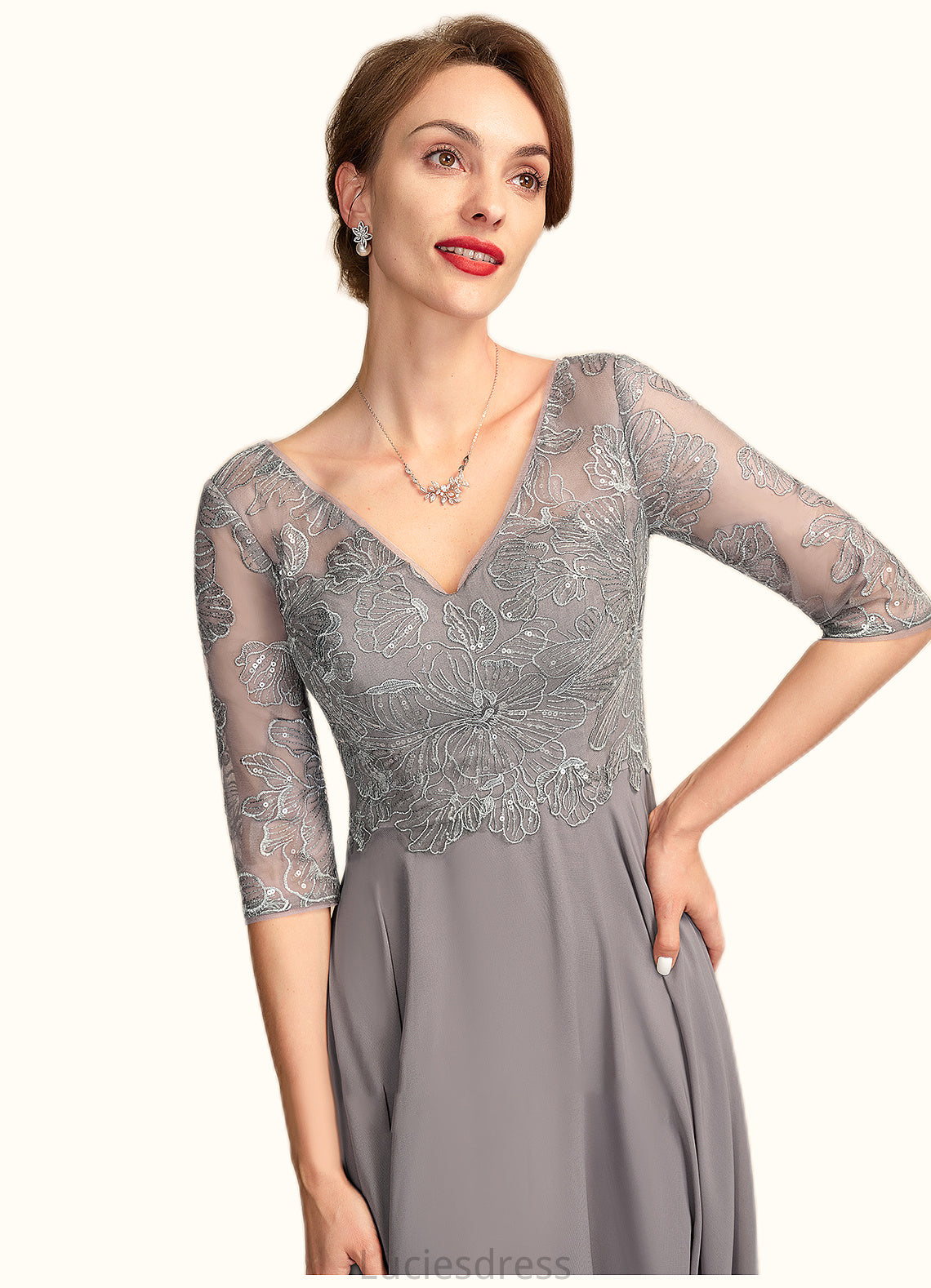 Aurora A-Line V-neck Floor-Length Chiffon Lace Mother of the Bride Dress With Sequins HF126P0014999