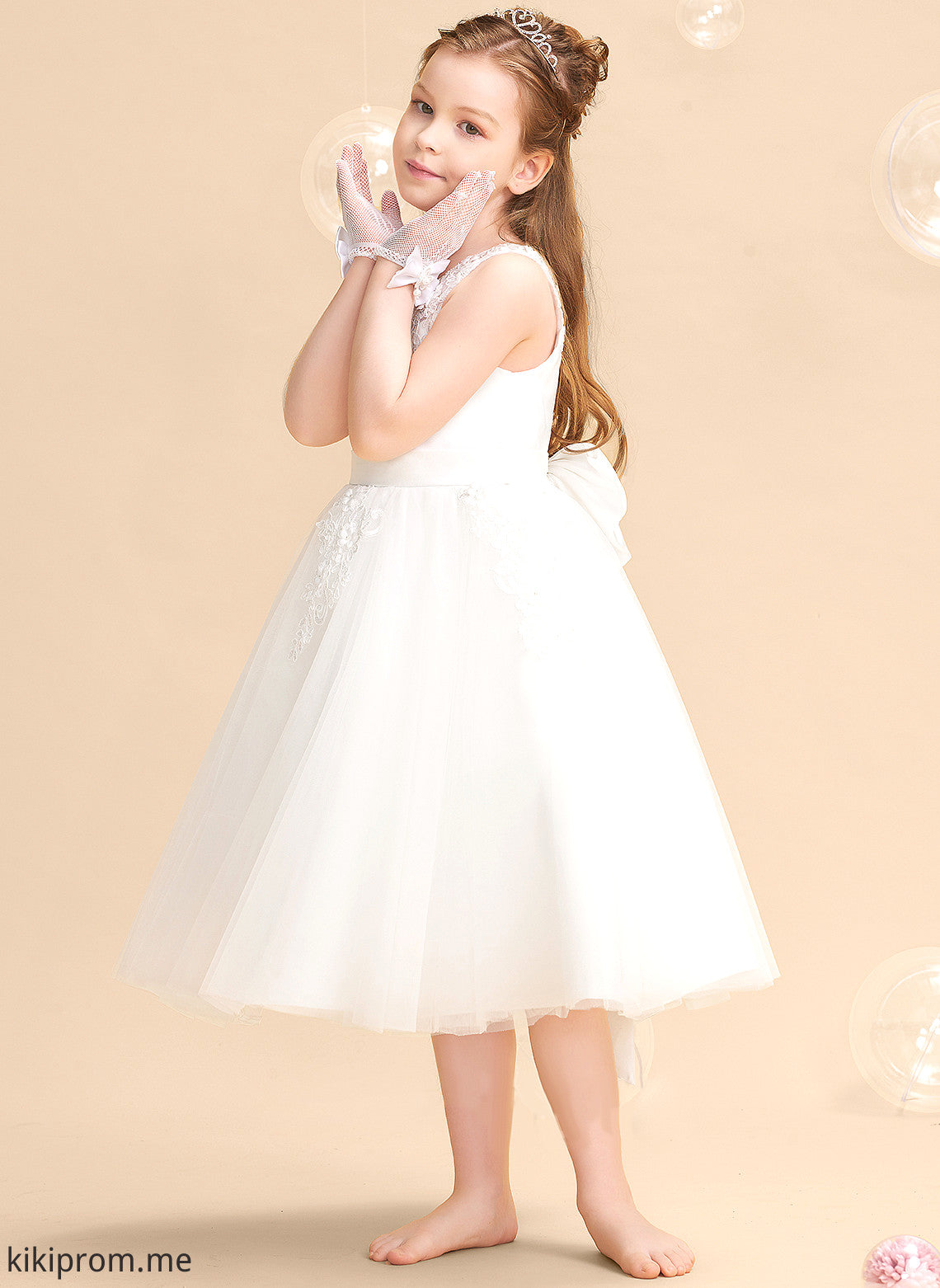 Girl With Neck Beading/Flower(s) Daniella - Tulle/Lace Scoop Tea-length Flower Girl Dresses Dress Sleeveless A-Line Flower