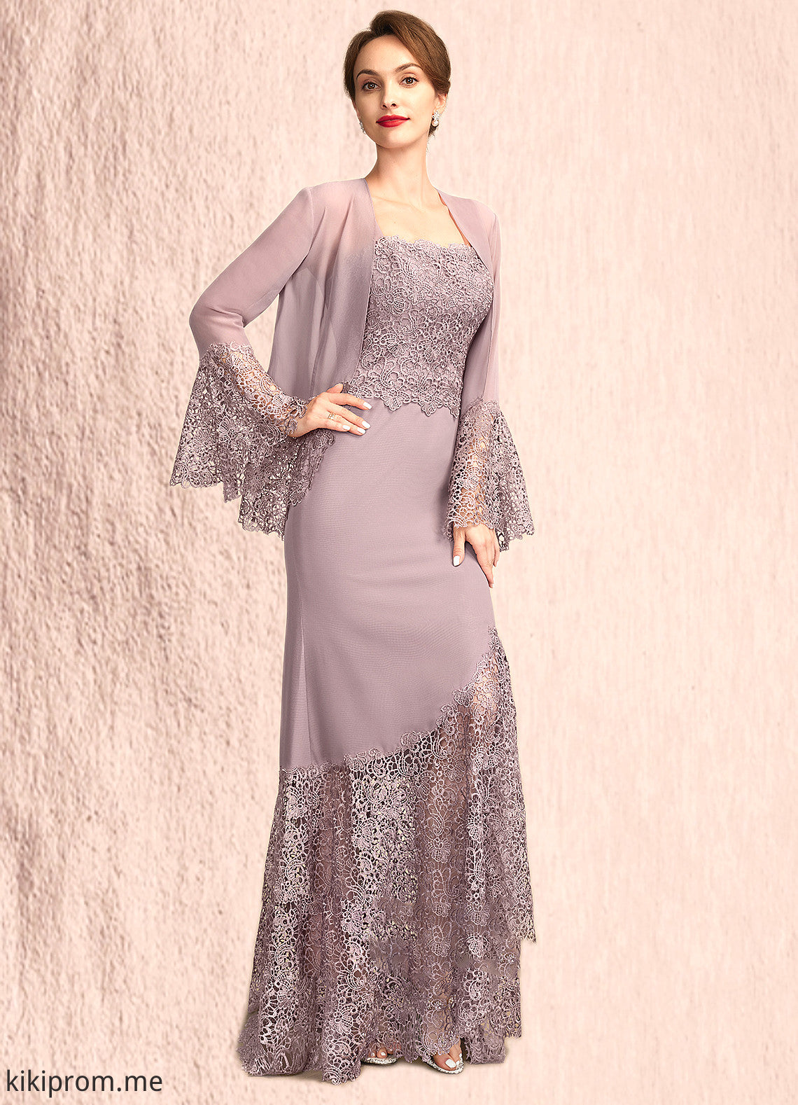 Felicity Trumpet/Mermaid Square Neckline Asymmetrical Chiffon Lace Mother of the Bride Dress STF126P0015001